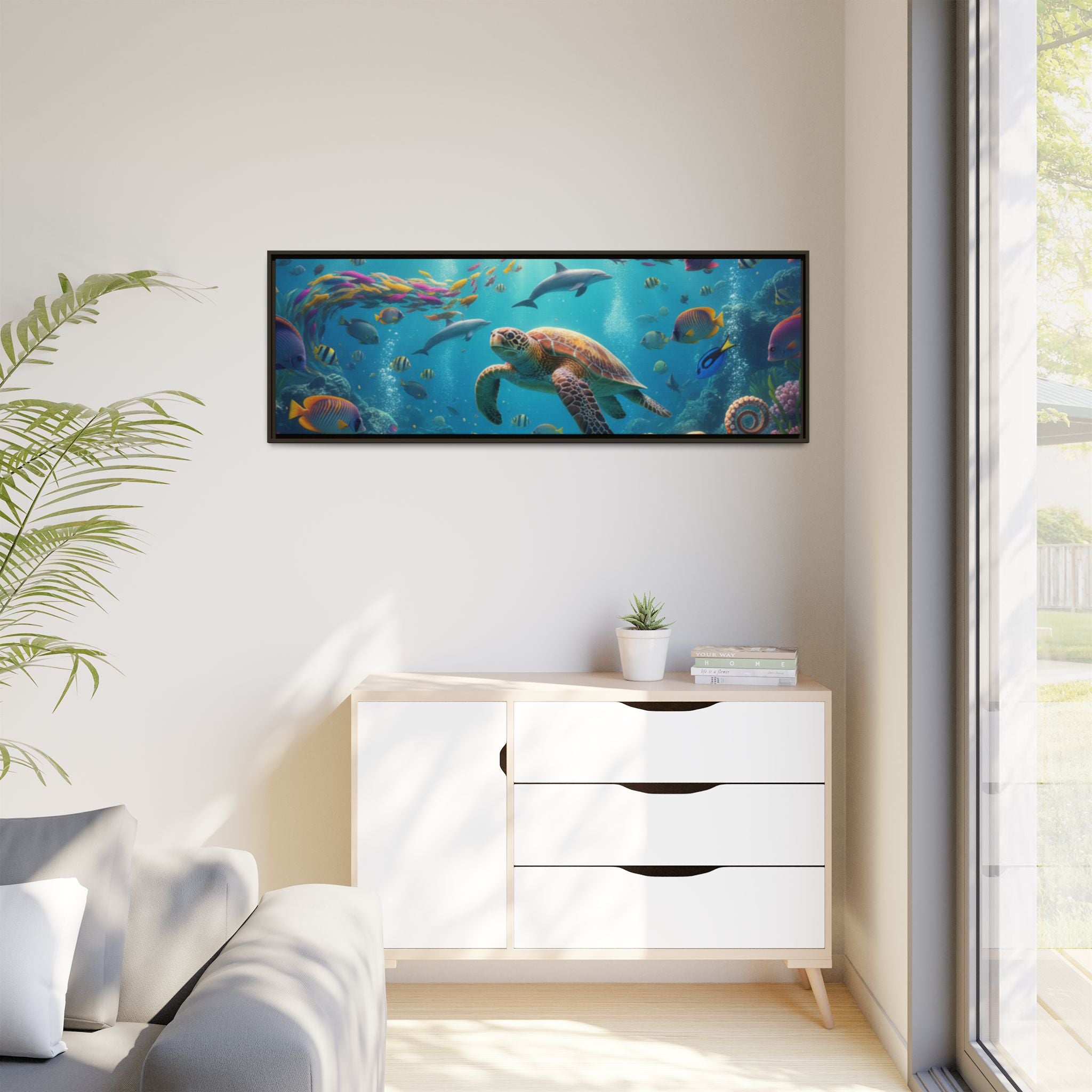 Framed Ocean Life Canvas — Colorful Sea Turtle Wall Art