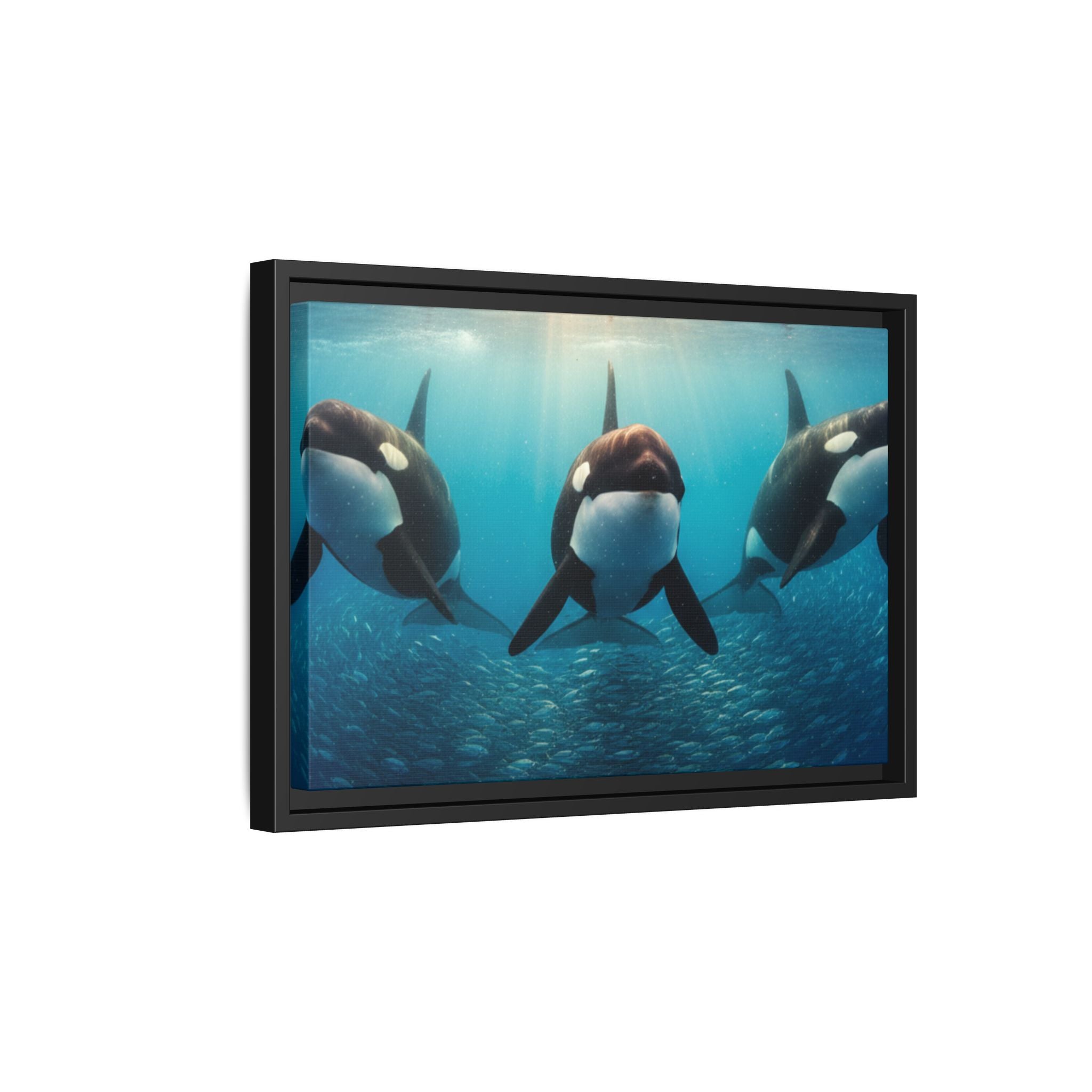 Framed Orca Canvas Print — Underwater Whale Pod Ocean Wall Art