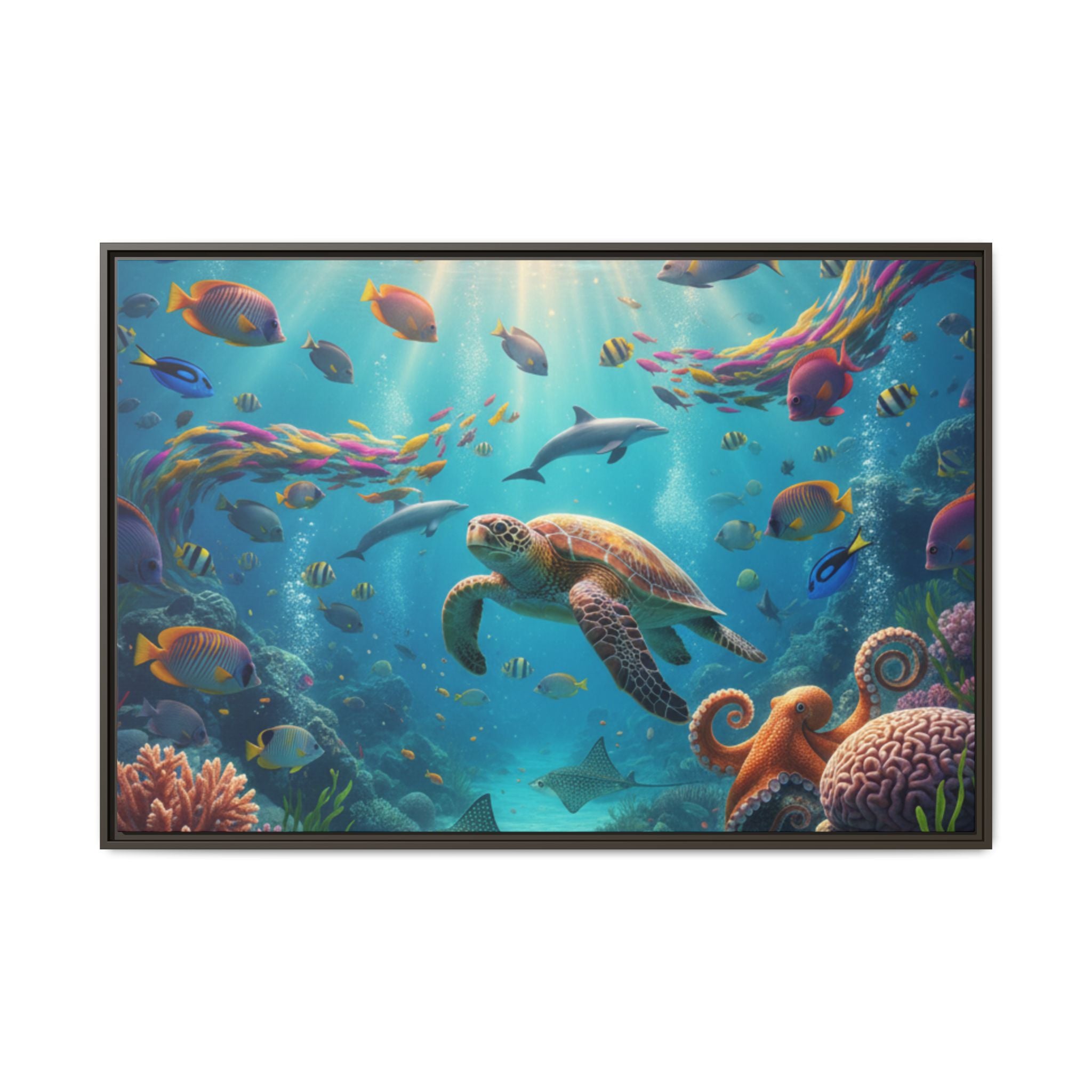 Framed Ocean Life Canvas — Colorful Sea Turtle Wall Art