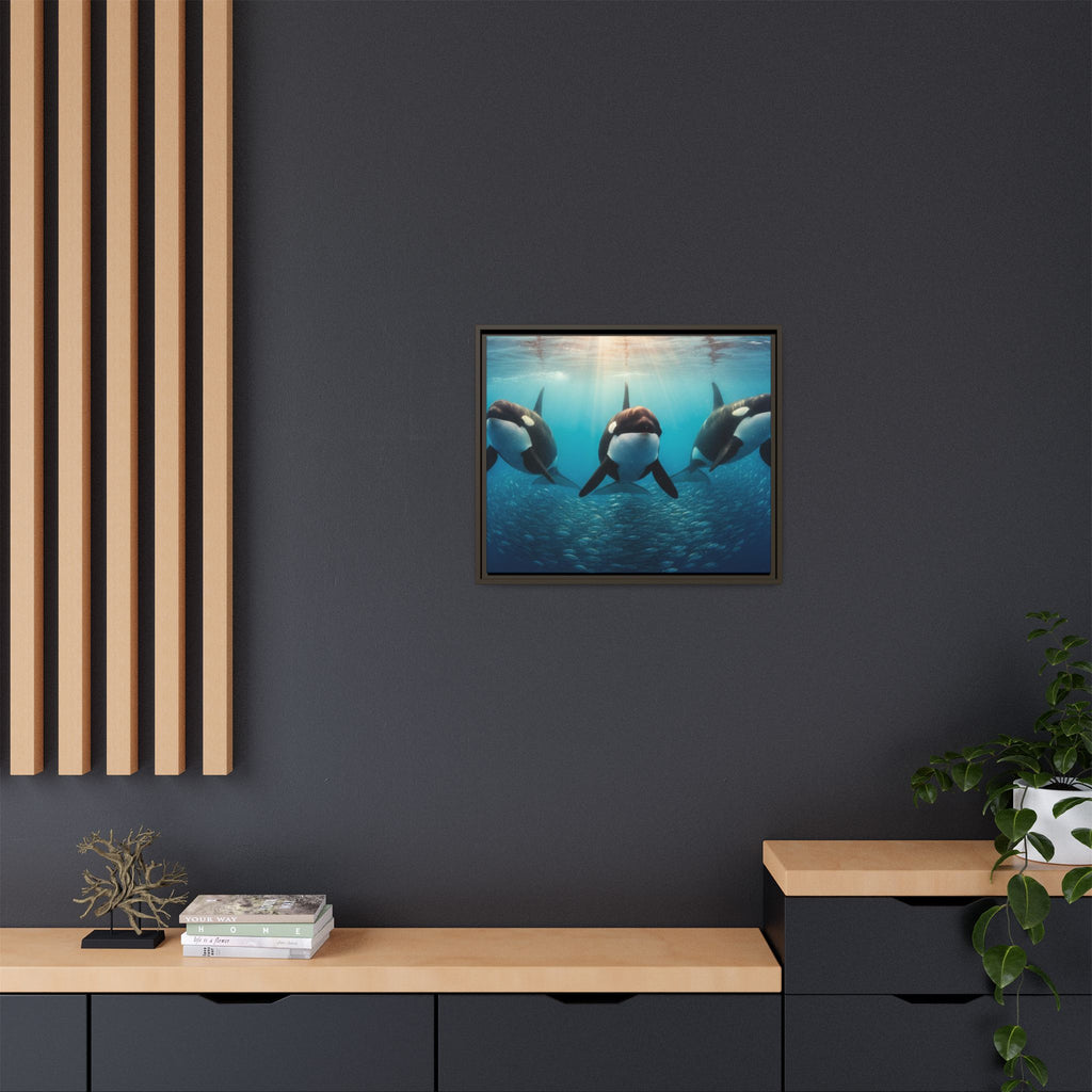 Framed Orca Canvas Print — Underwater Whale Pod Ocean Wall Art