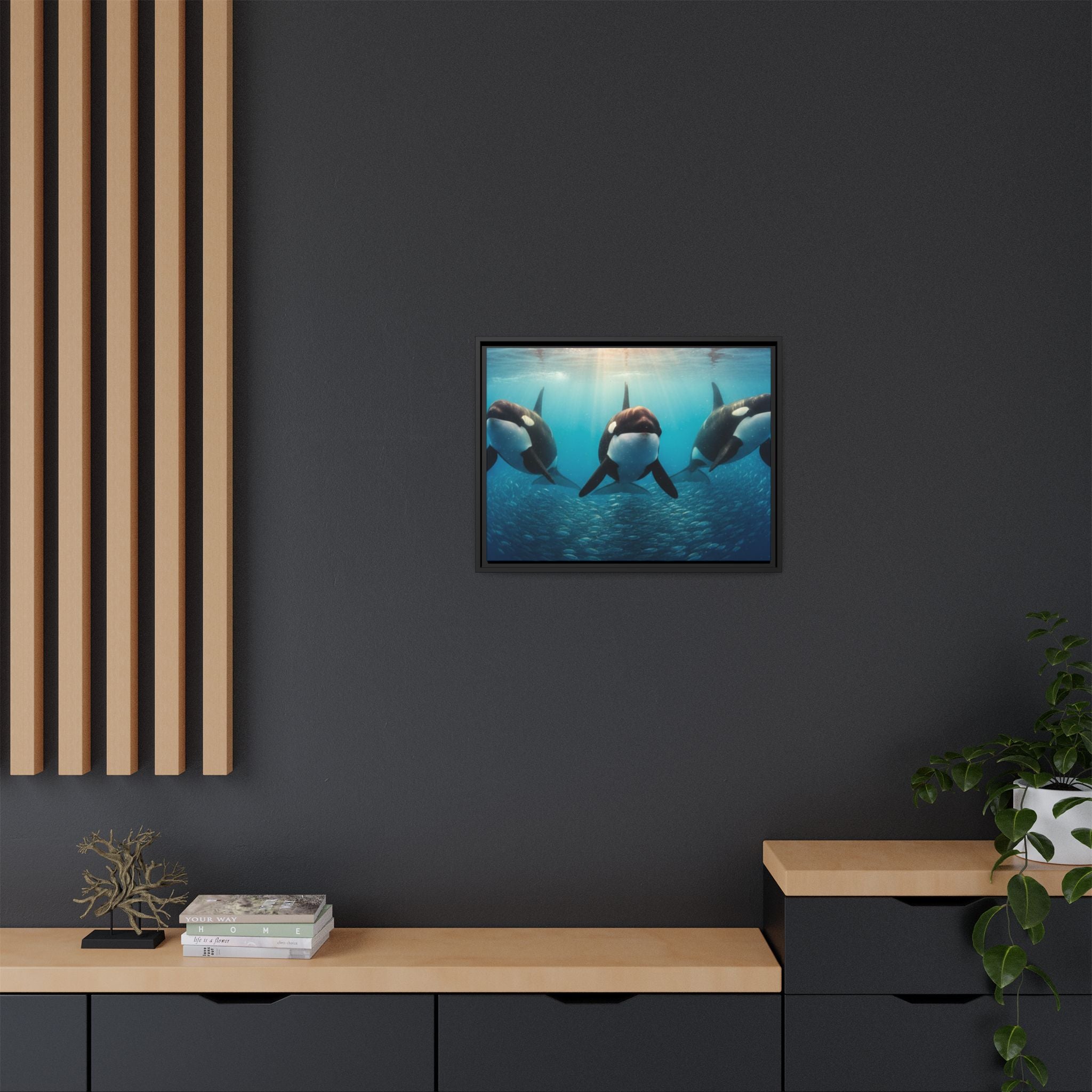 Framed Orca Canvas Print — Underwater Whale Pod Ocean Wall Art