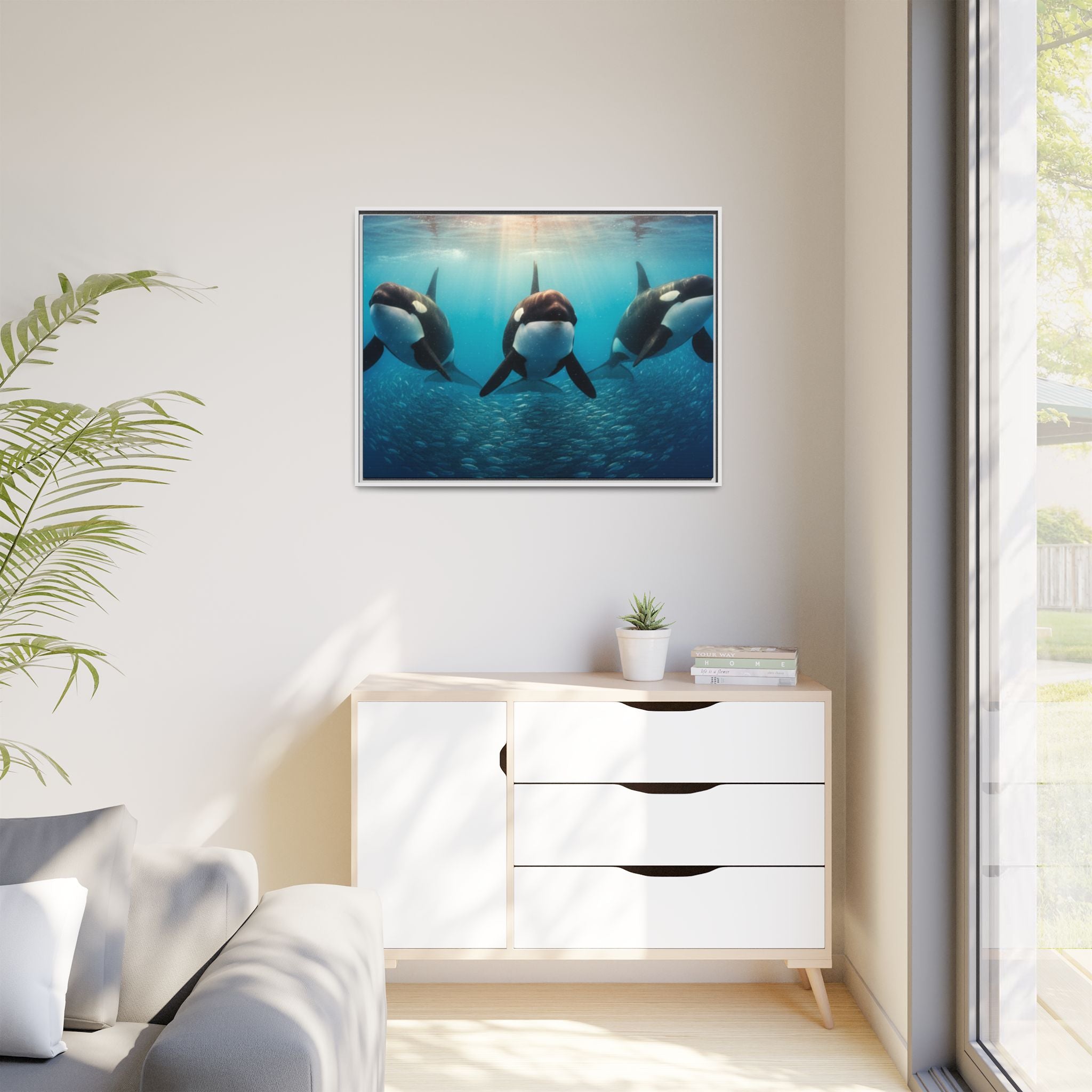 Framed Orca Canvas Print — Underwater Whale Pod Ocean Wall Art