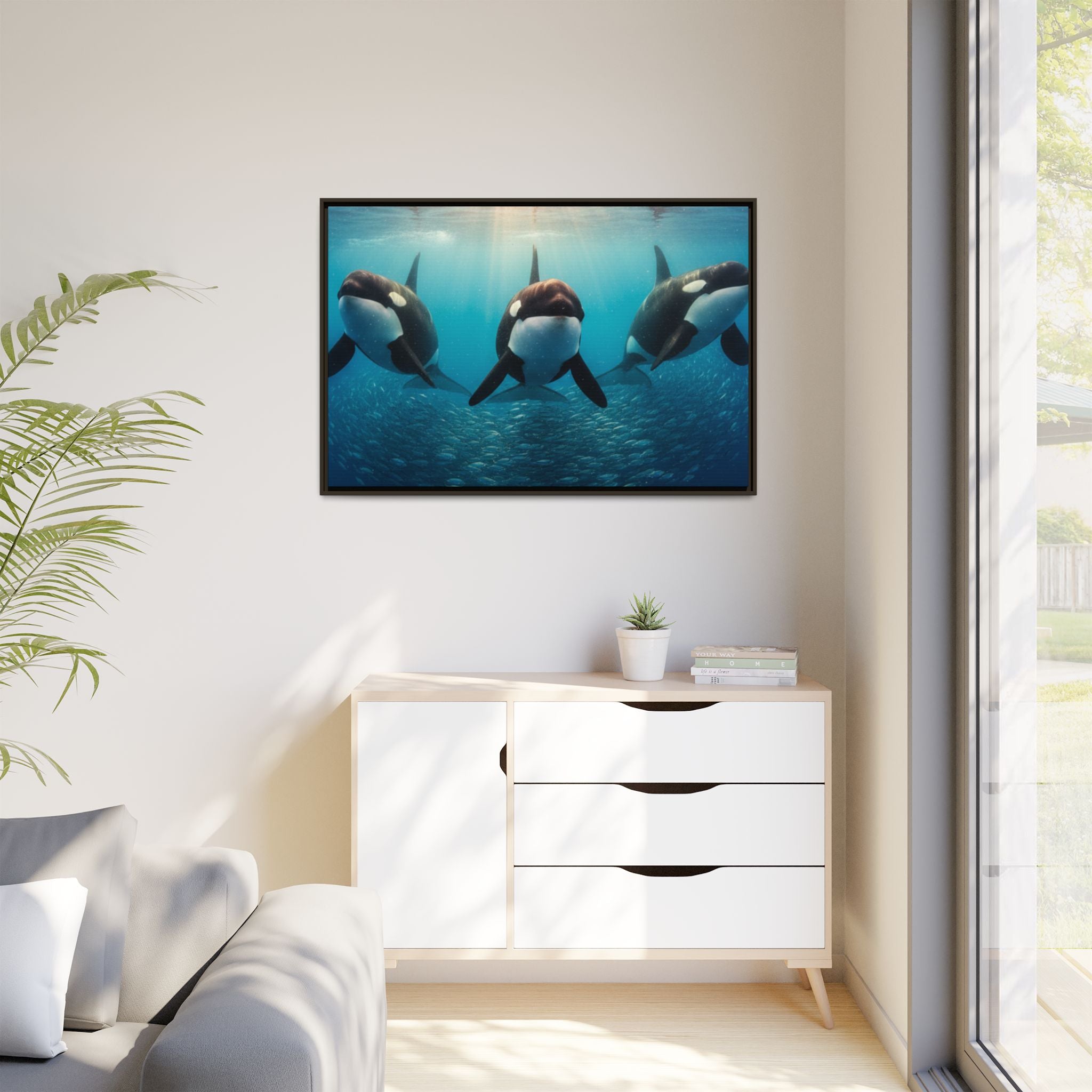 Framed Orca Canvas Print — Underwater Whale Pod Ocean Wall Art