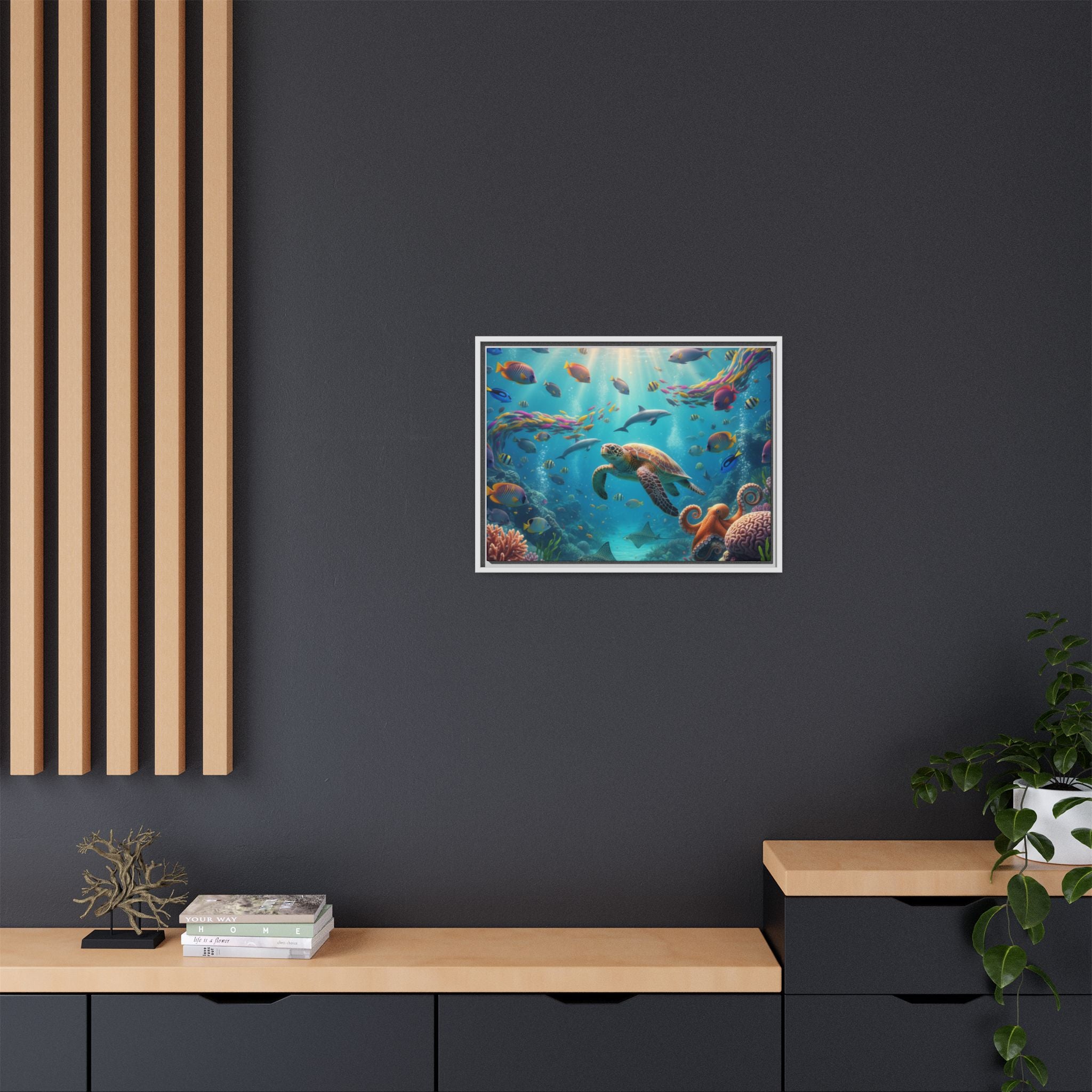Framed Ocean Life Canvas — Colorful Sea Turtle Wall Art
