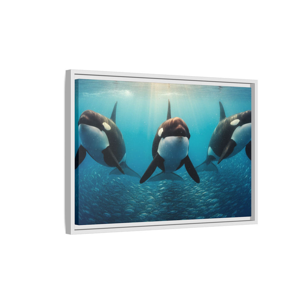 Framed Orca Canvas Print — Underwater Whale Pod Ocean Wall Art