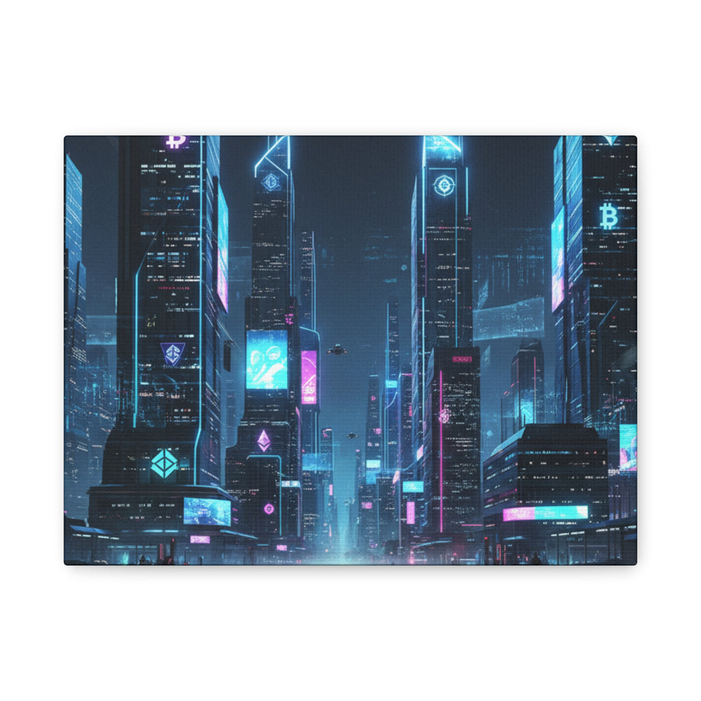 Cyberpunk Crypto Cityscape Canvas Print — Futuristic Neon Skyline Wall Art