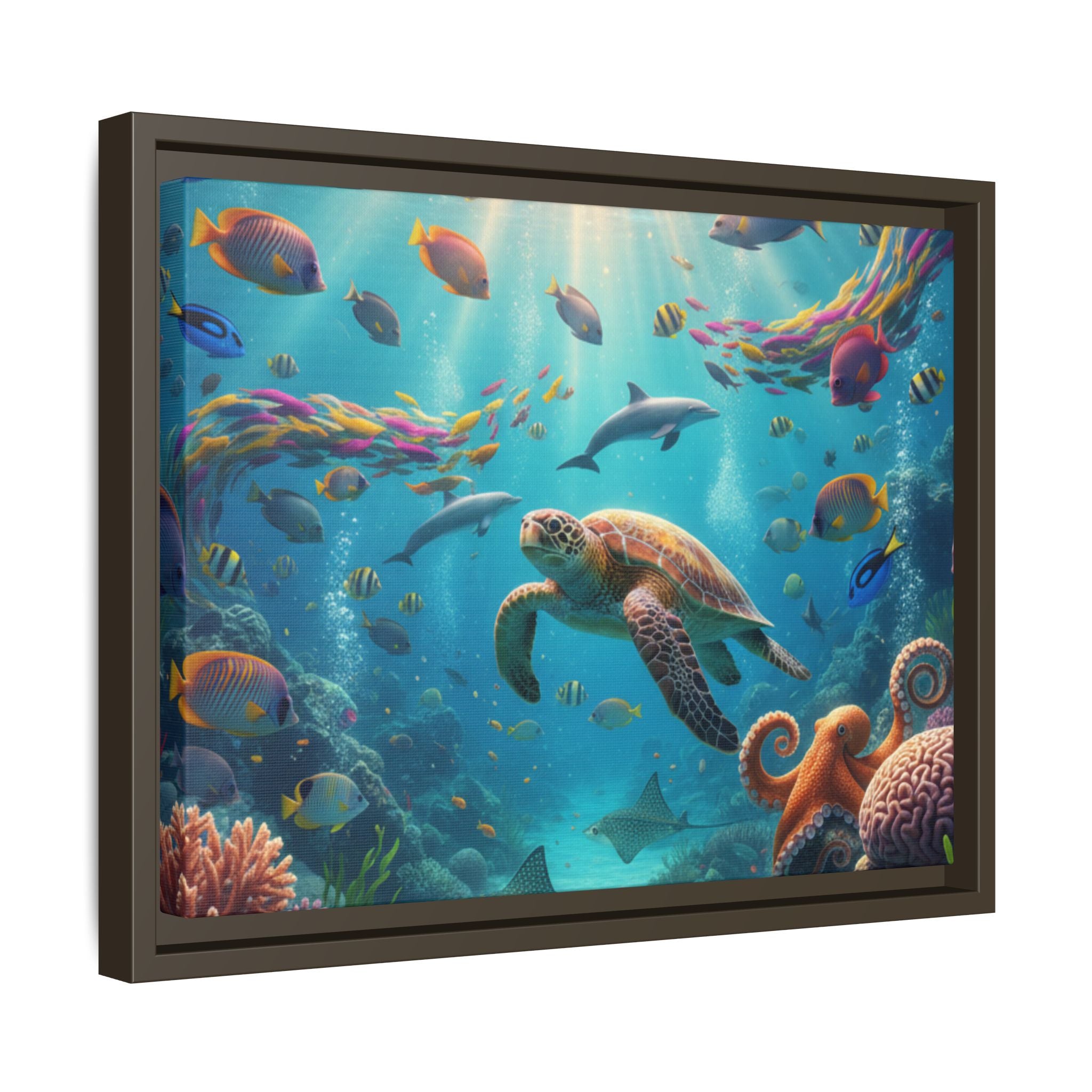 Framed Ocean Life Canvas — Colorful Sea Turtle Wall Art