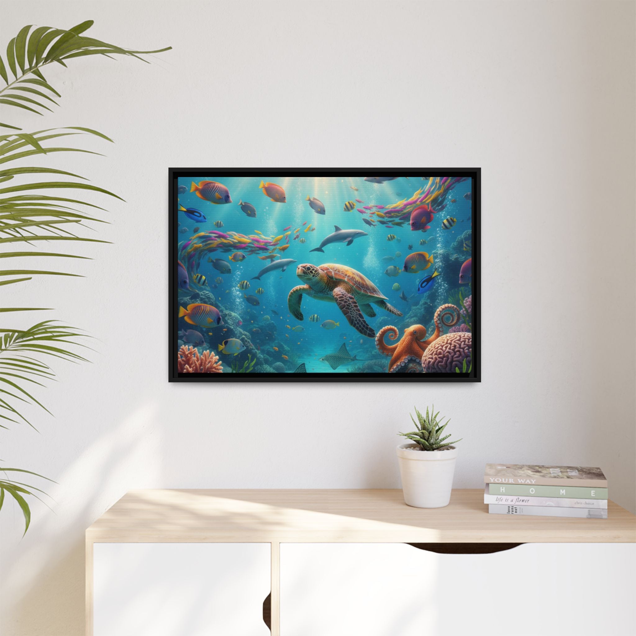 Framed Ocean Life Canvas — Colorful Sea Turtle Wall Art
