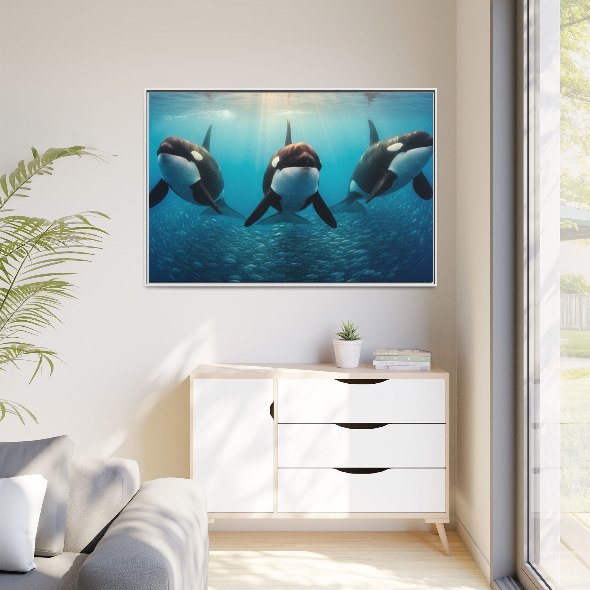 Framed Orca Canvas Print — Underwater Whale Pod Ocean Wall Art