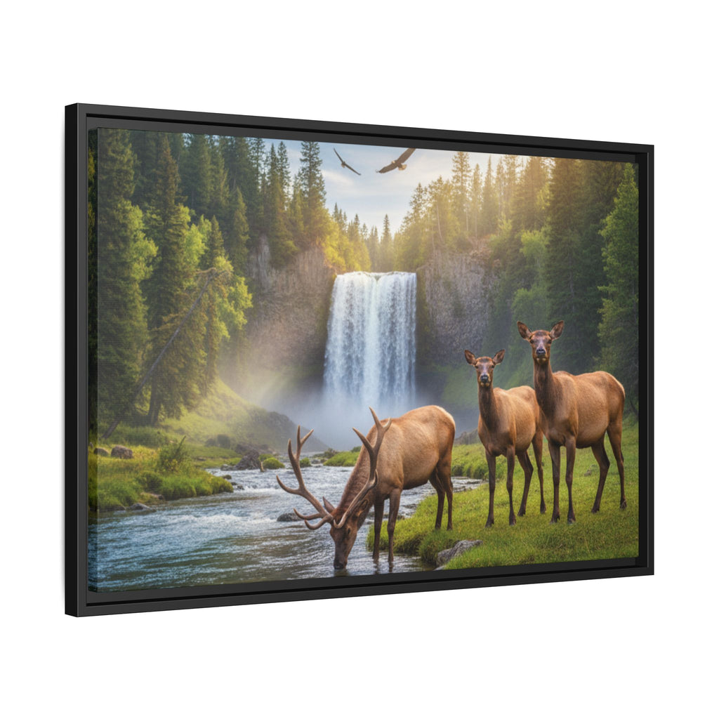 Waterfall Elk Forest Landscape Wall Art