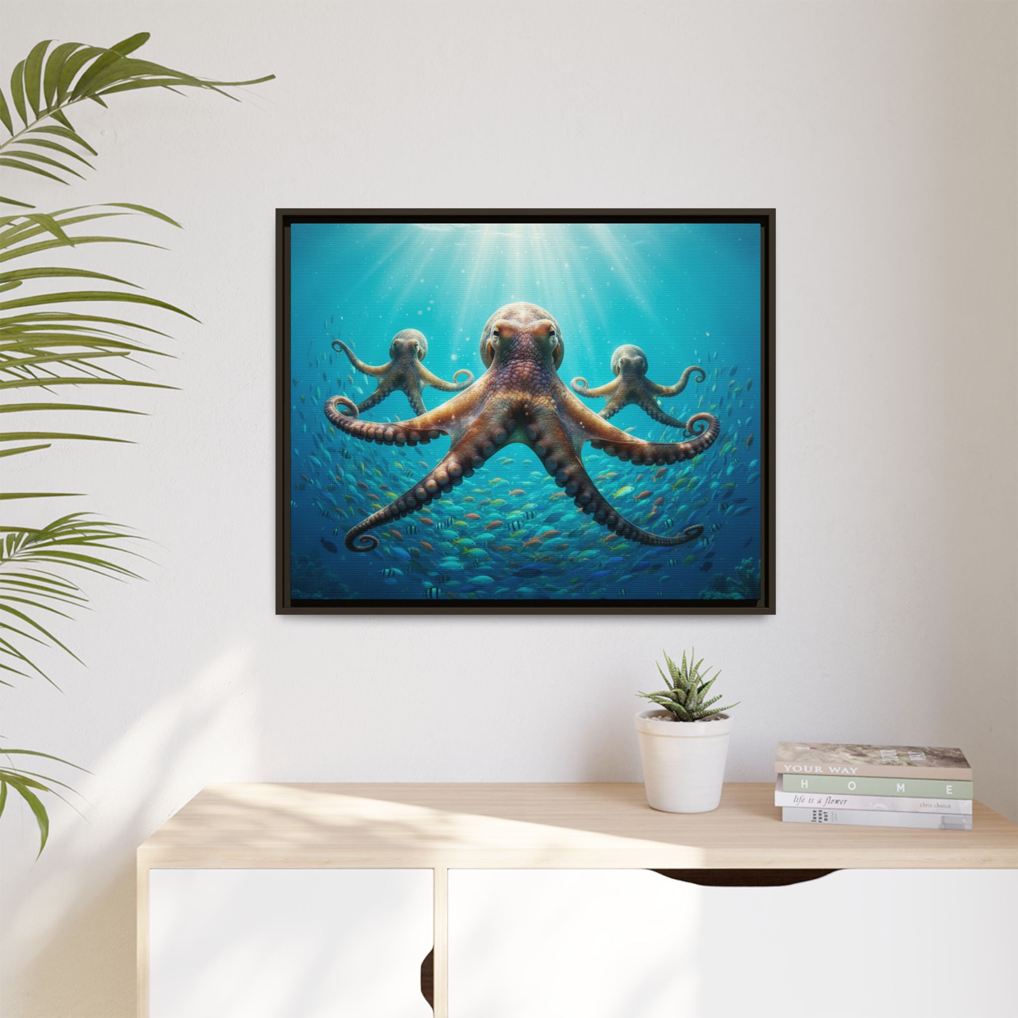 Framed Octopus Art Print — Vibrant Underwater Canvas Wall Decor