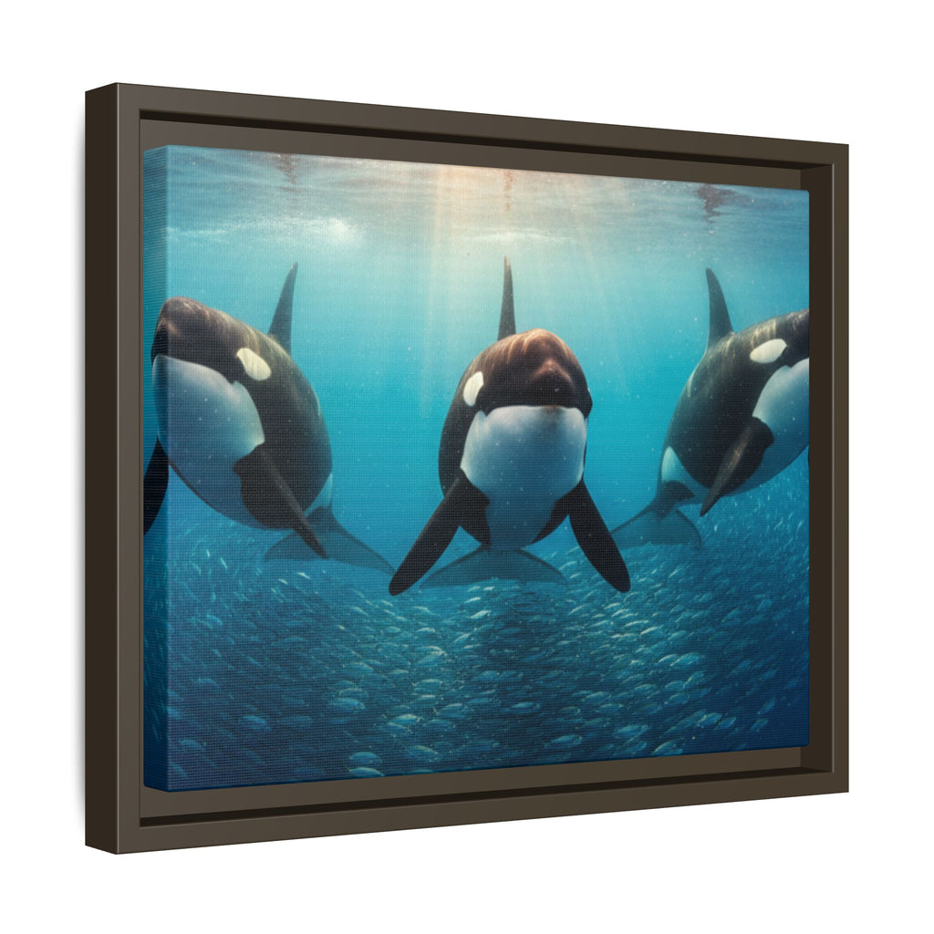 Framed Orca Canvas Print — Underwater Whale Pod Ocean Wall Art
