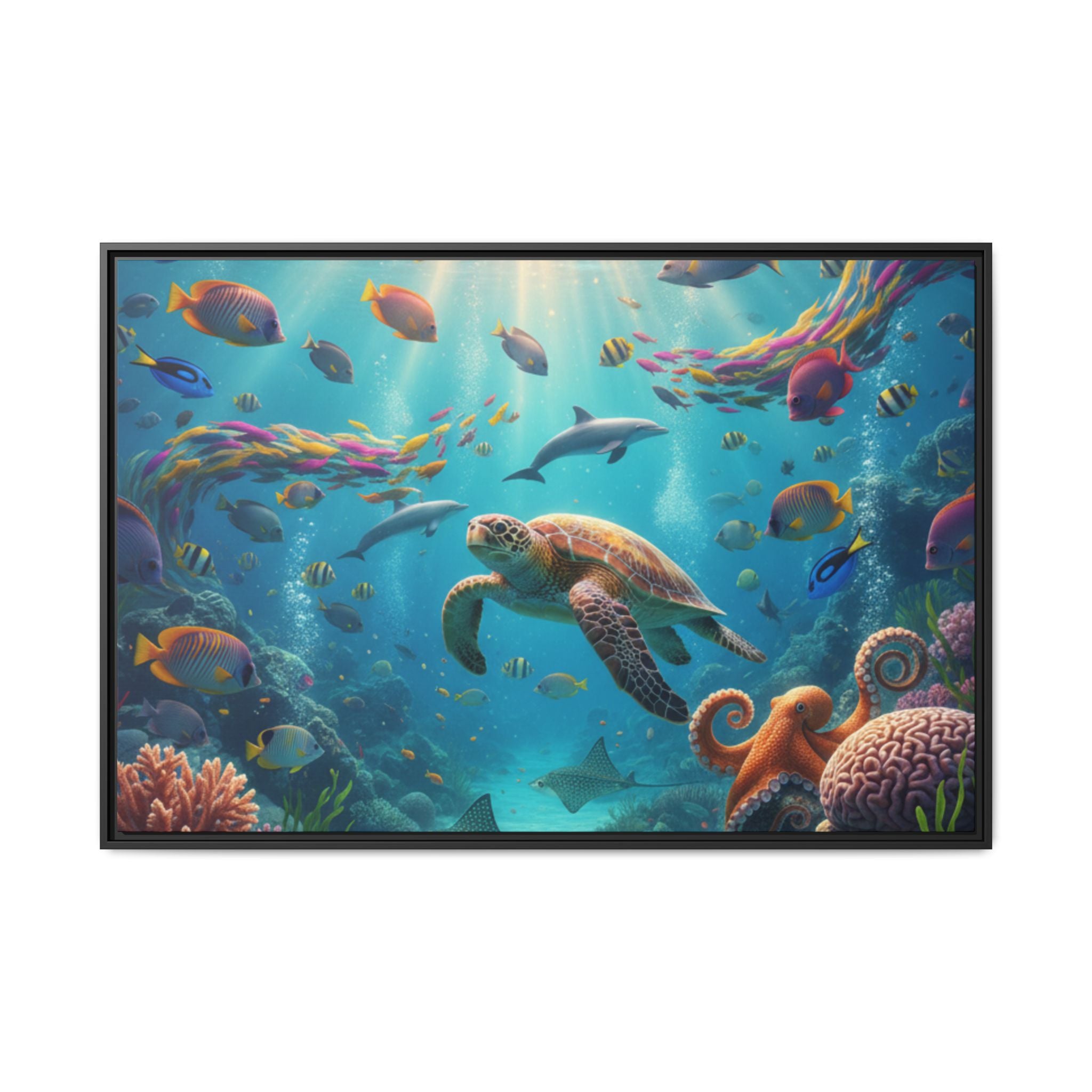 Framed Ocean Life Canvas — Colorful Sea Turtle Wall Art