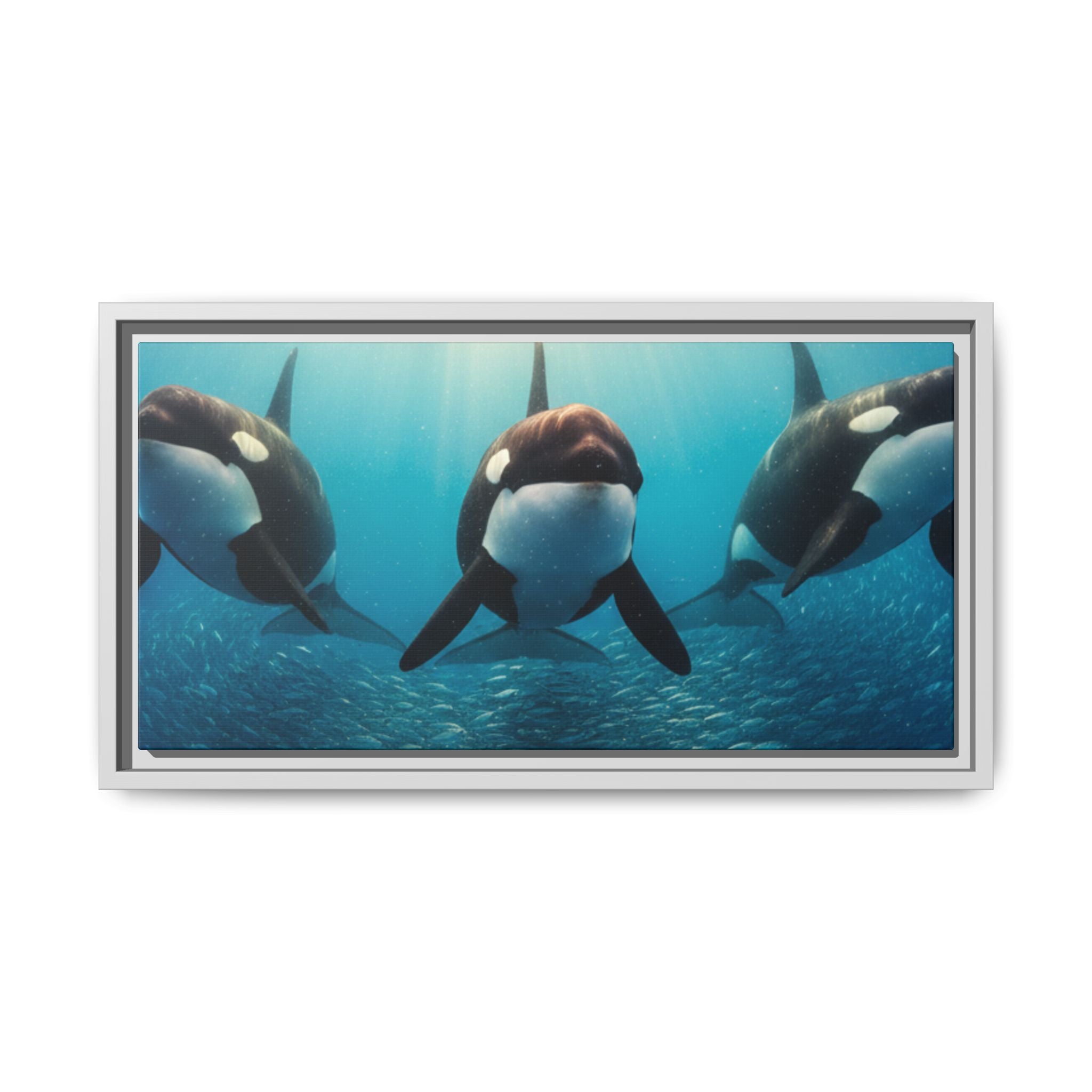 Framed Orca Canvas Print — Underwater Whale Pod Ocean Wall Art