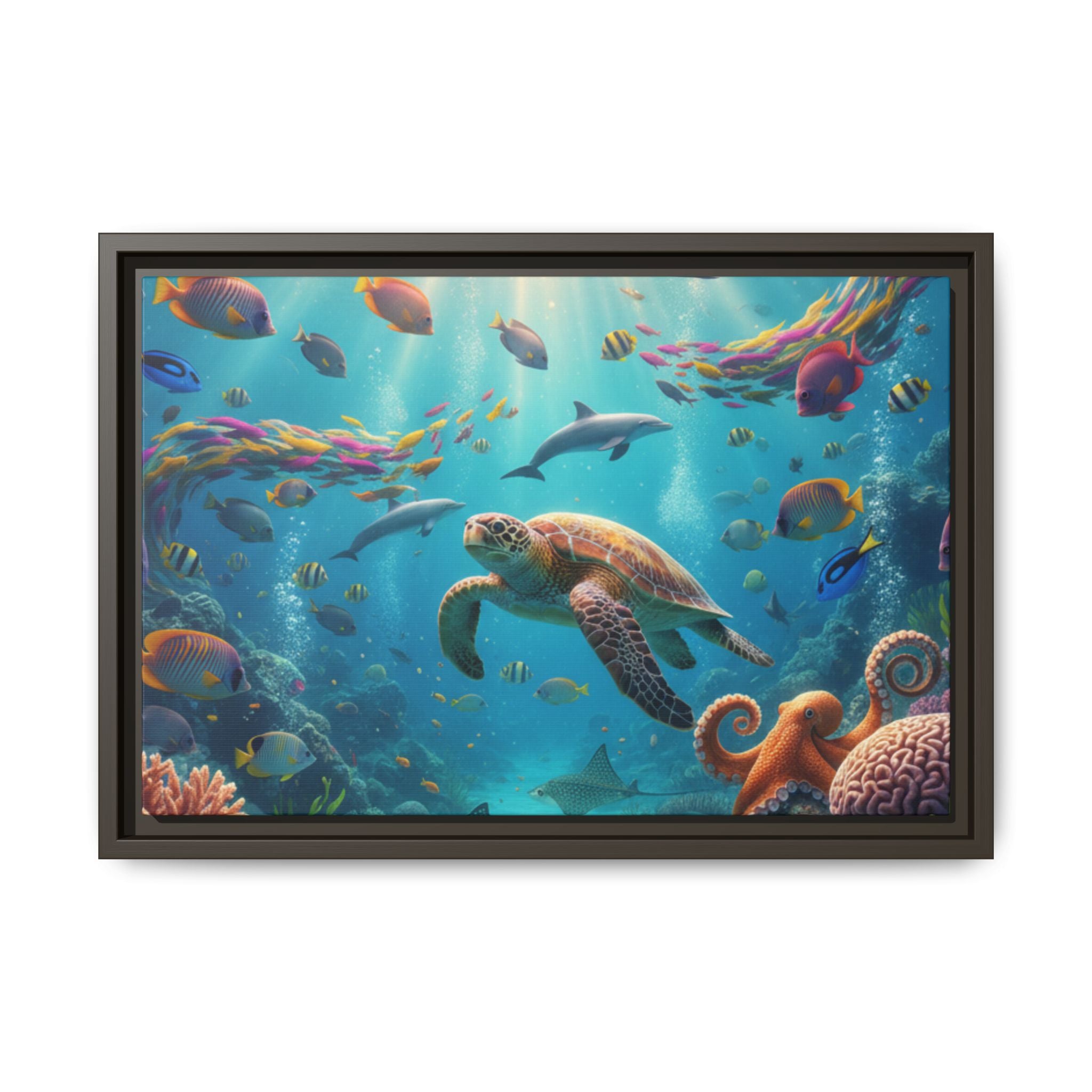 Framed Ocean Life Canvas — Colorful Sea Turtle Wall Art