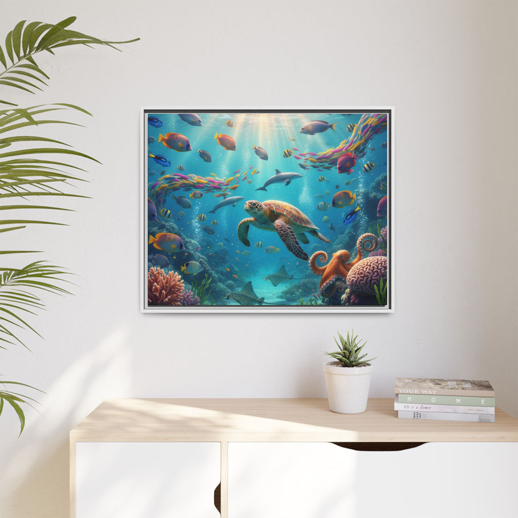 Framed Ocean Life Canvas — Colorful Sea Turtle Wall Art