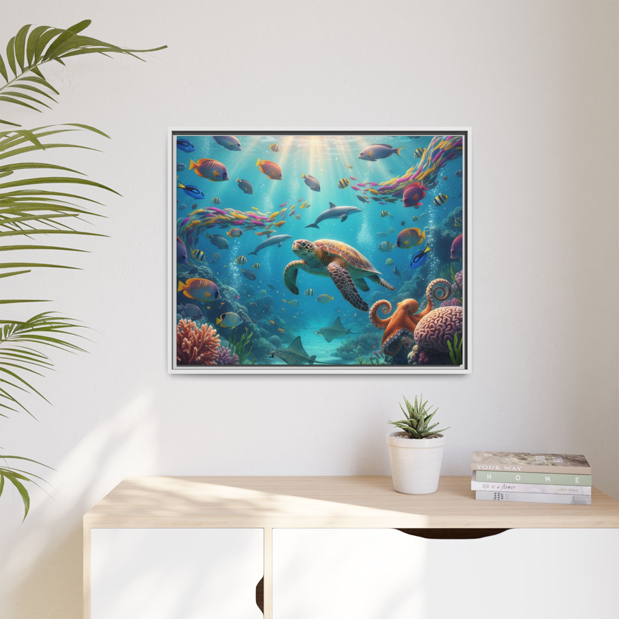 Framed Ocean Life Canvas — Colorful Sea Turtle Wall Art