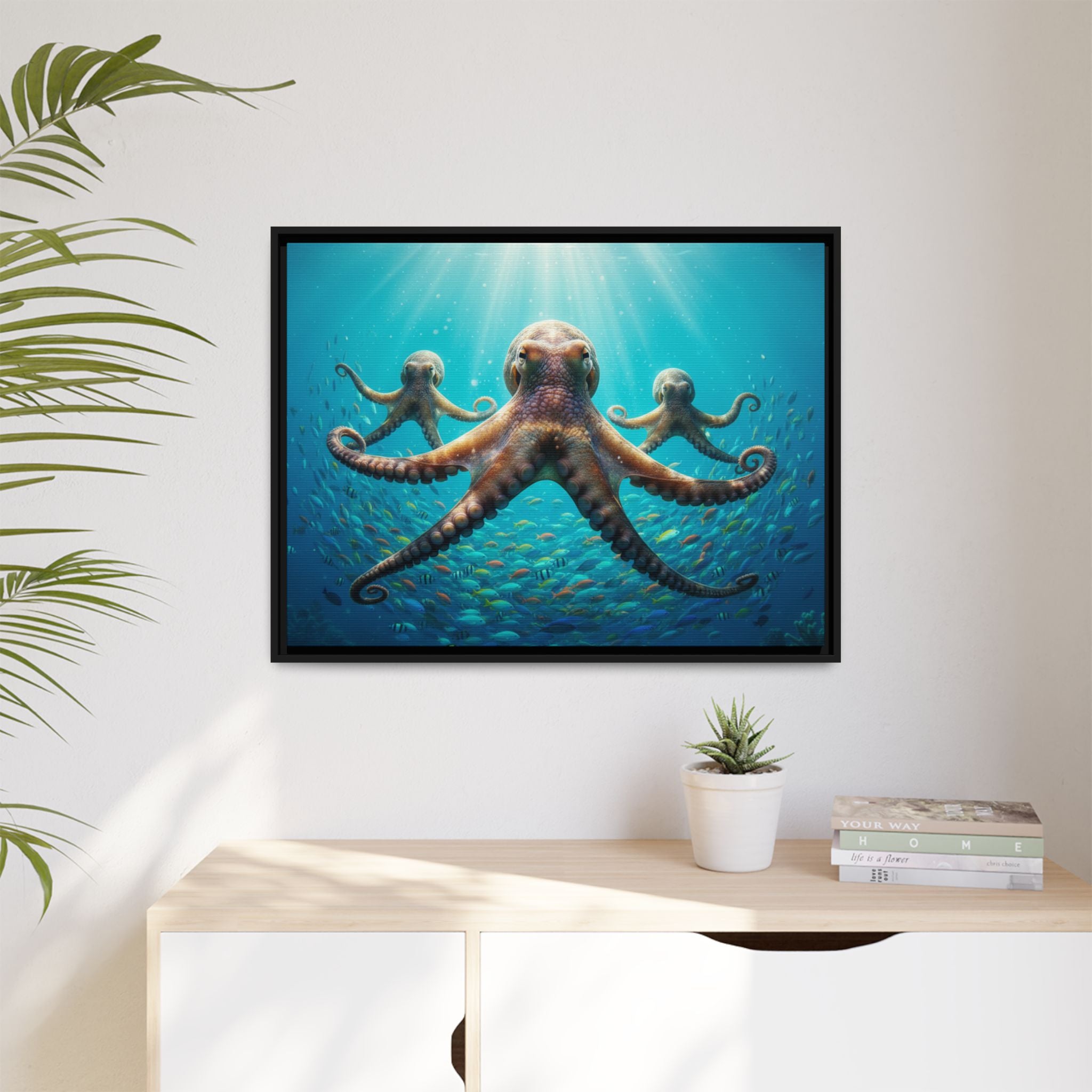 Framed Octopus Art Print — Vibrant Underwater Canvas Wall Decor