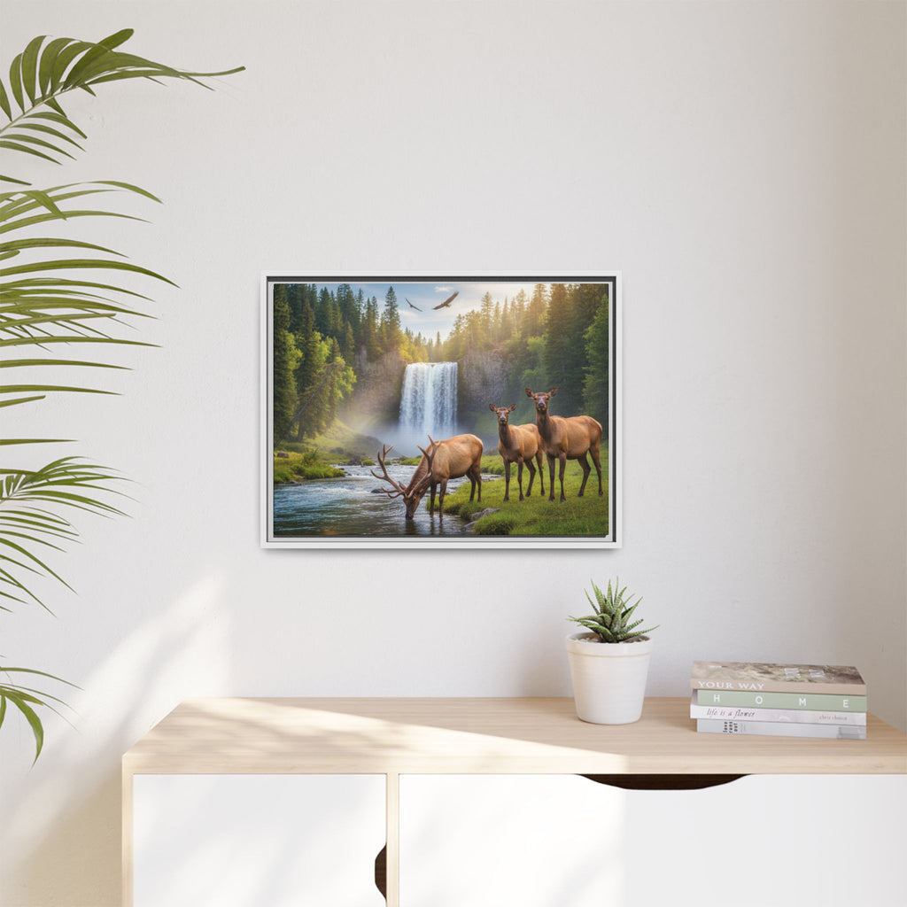 Waterfall Elk Forest Landscape Wall Art