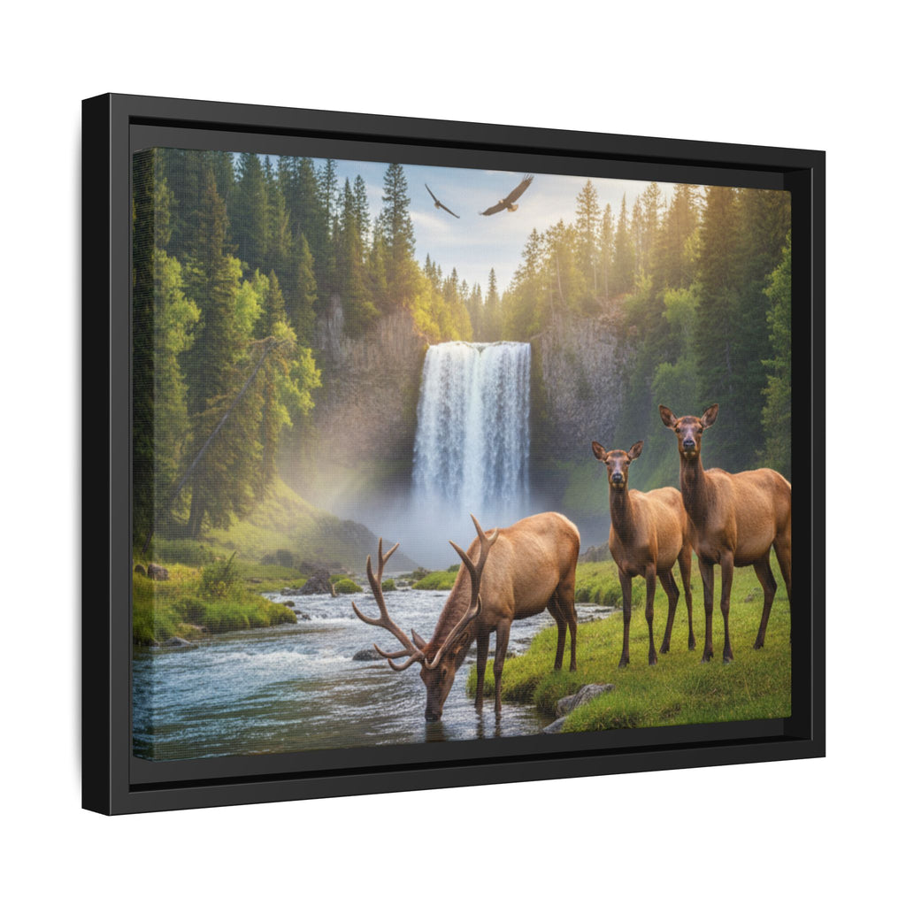 Waterfall Elk Forest Landscape Wall Art