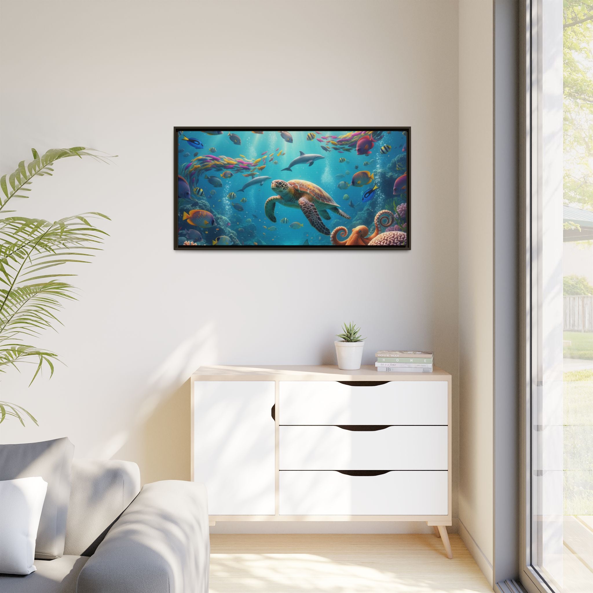 Framed Ocean Life Canvas — Colorful Sea Turtle Wall Art