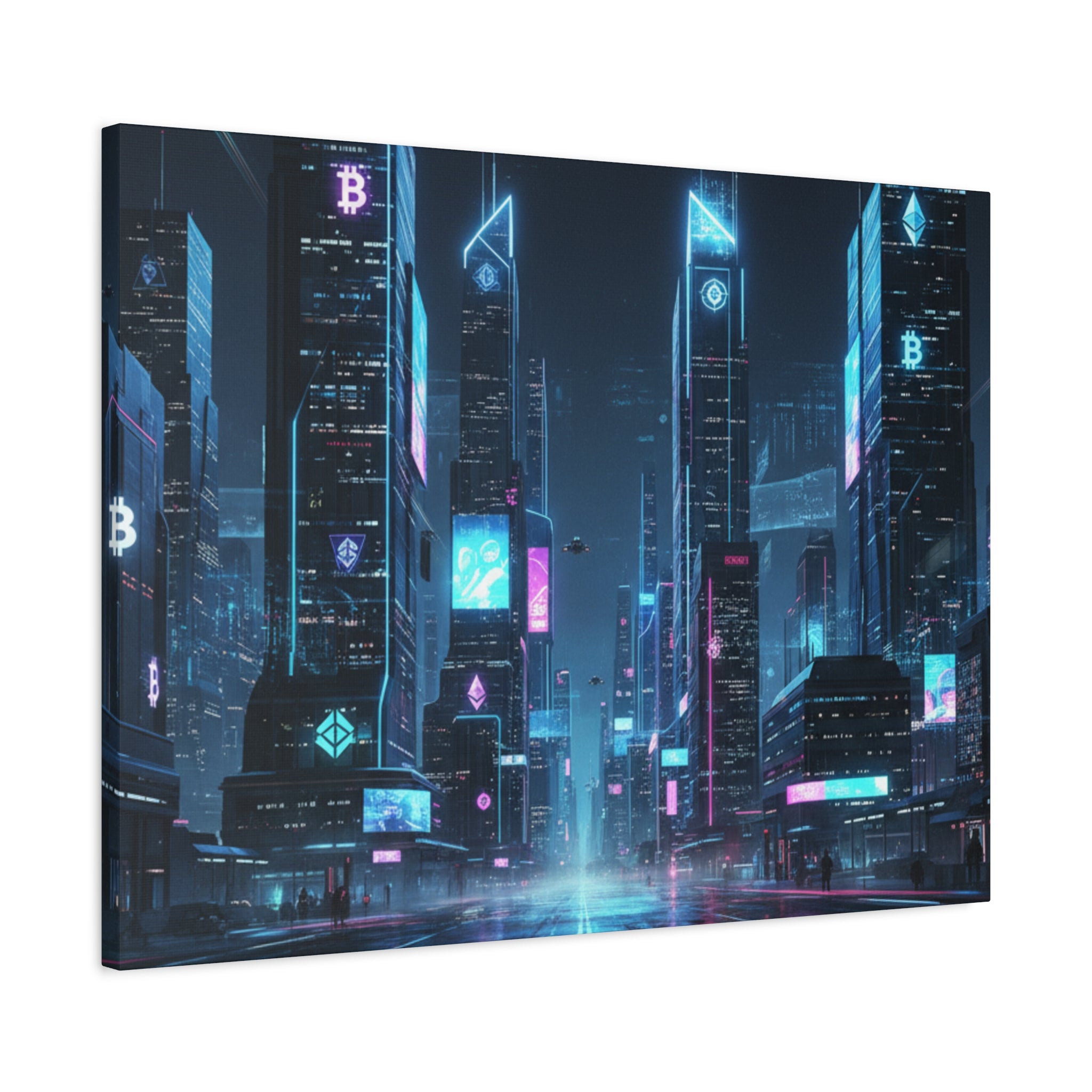 Cyberpunk Crypto Cityscape Canvas Print — Futuristic Neon Skyline Wall Art