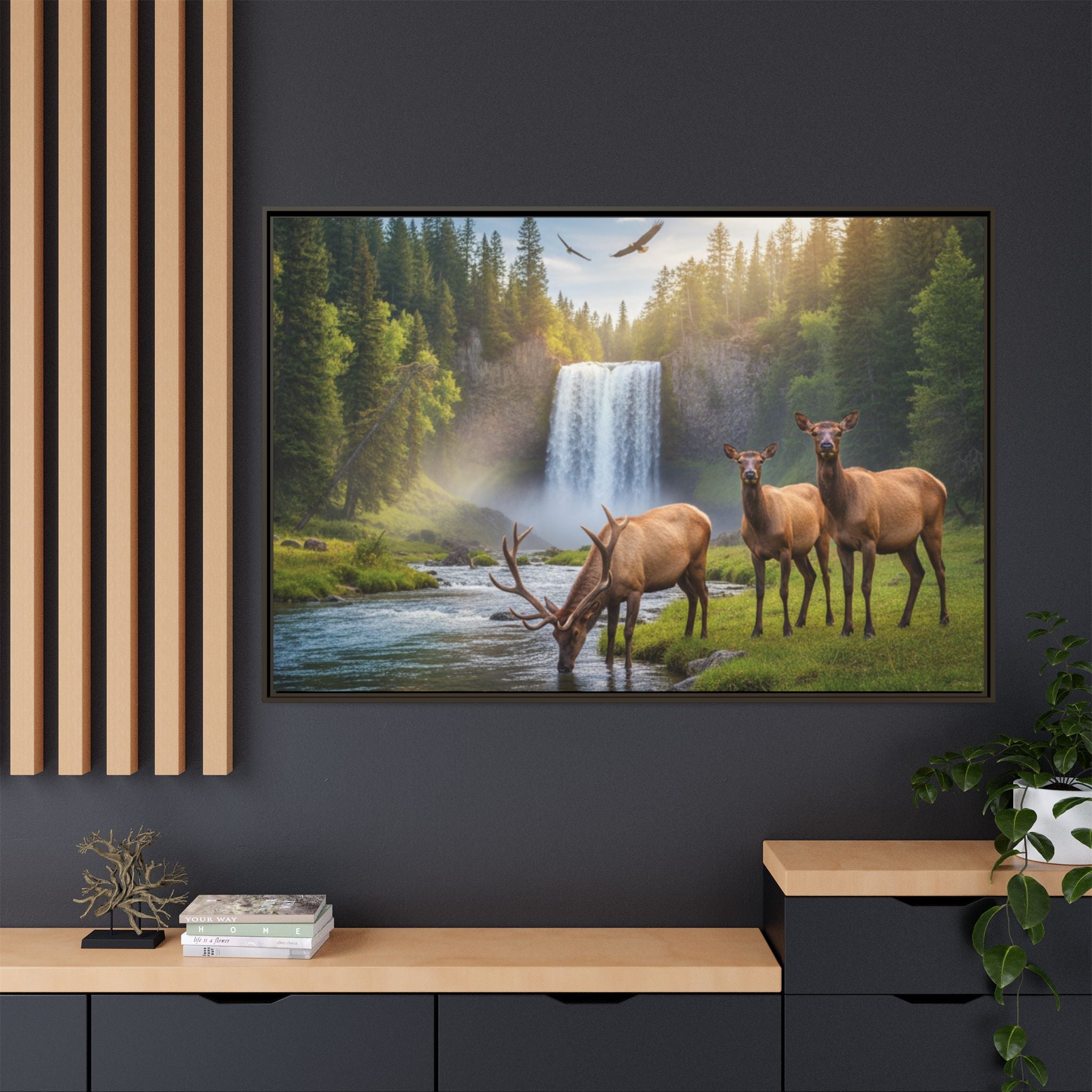 Waterfall Elk Forest Landscape Wall Art
