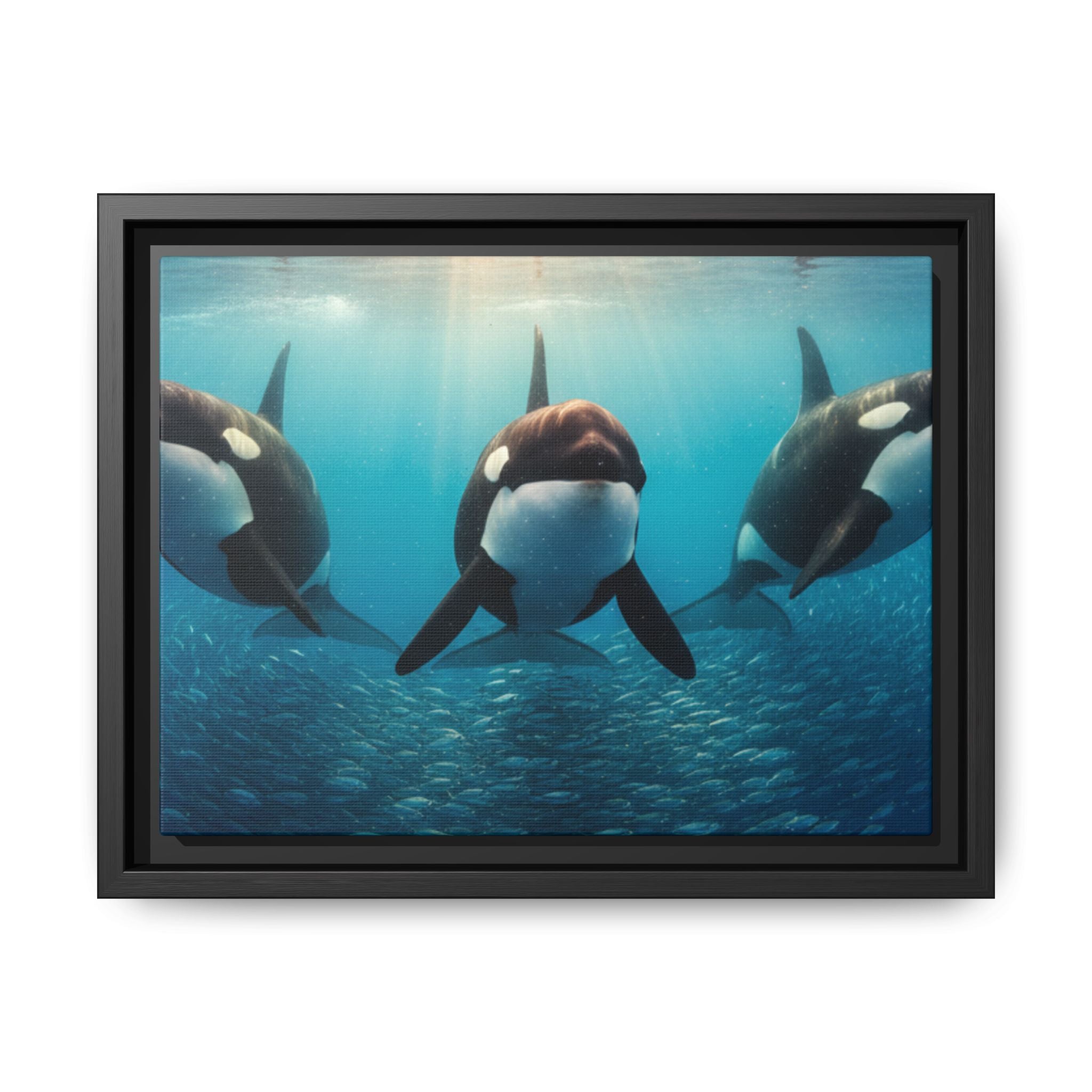 Framed Orca Canvas Print — Underwater Whale Pod Ocean Wall Art