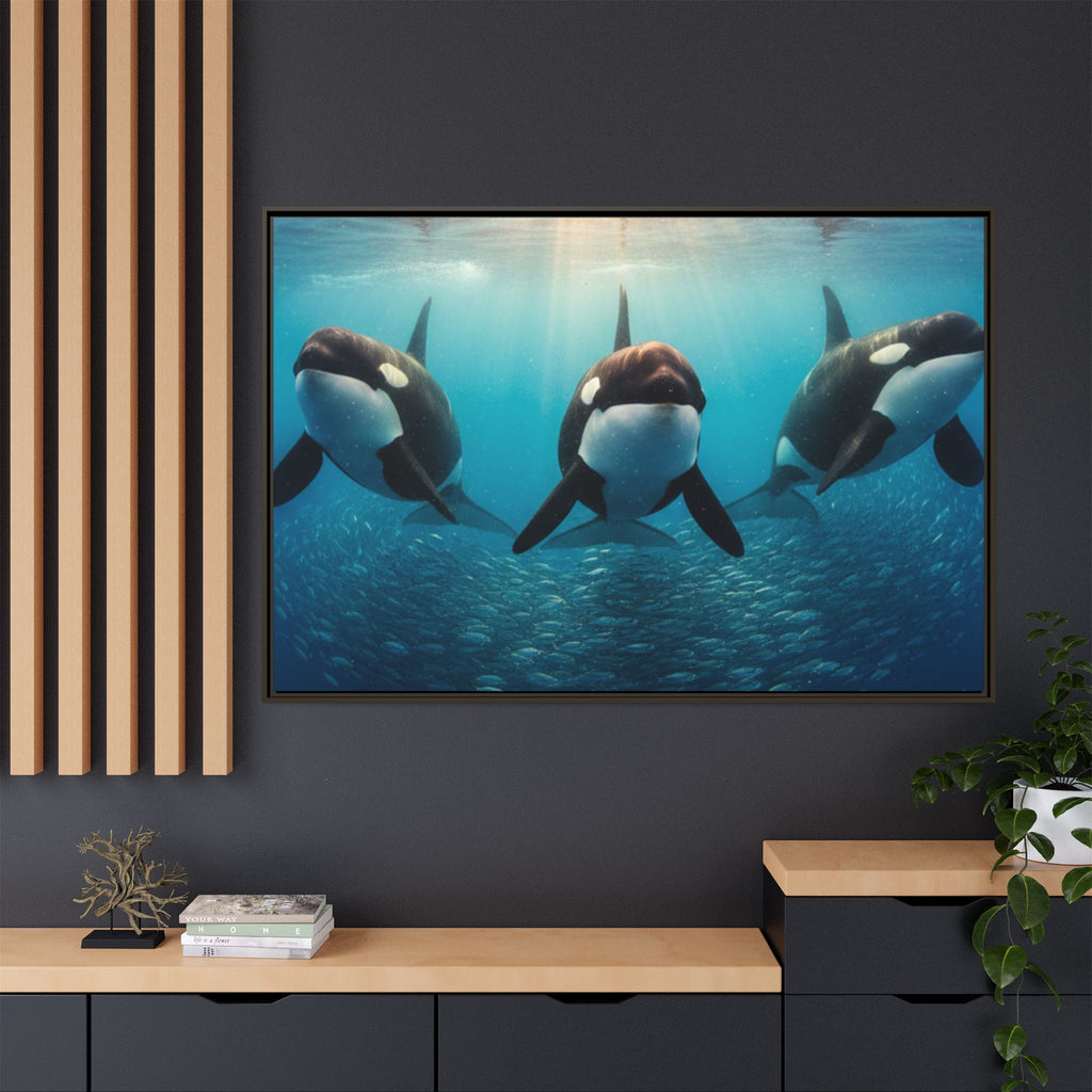 Framed Orca Canvas Print — Underwater Whale Pod Ocean Wall Art