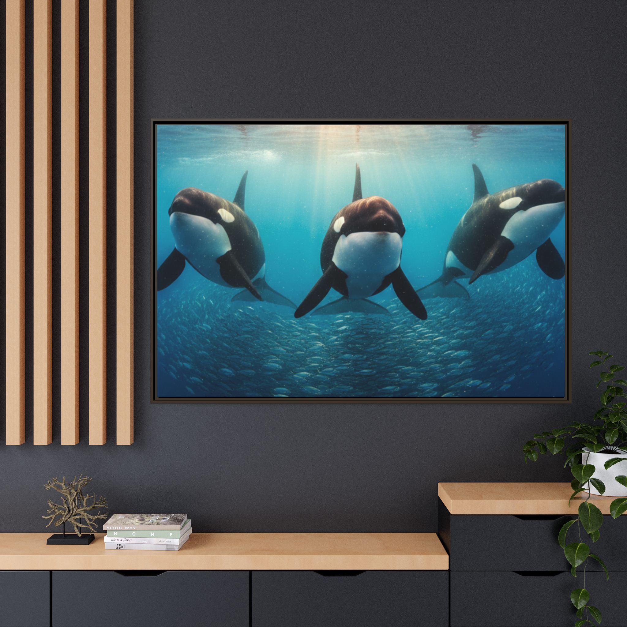 Framed Orca Canvas Print — Underwater Whale Pod Ocean Wall Art