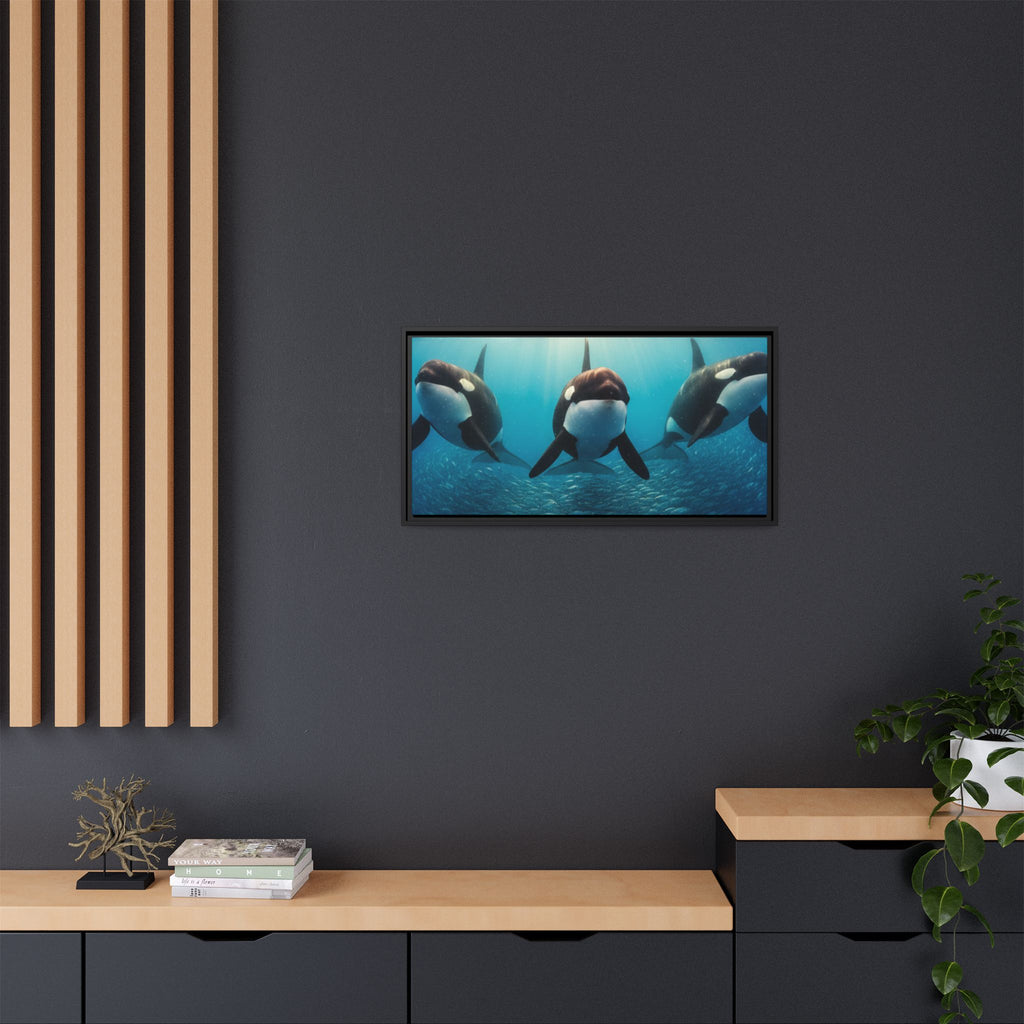 Framed Orca Canvas Print — Underwater Whale Pod Ocean Wall Art