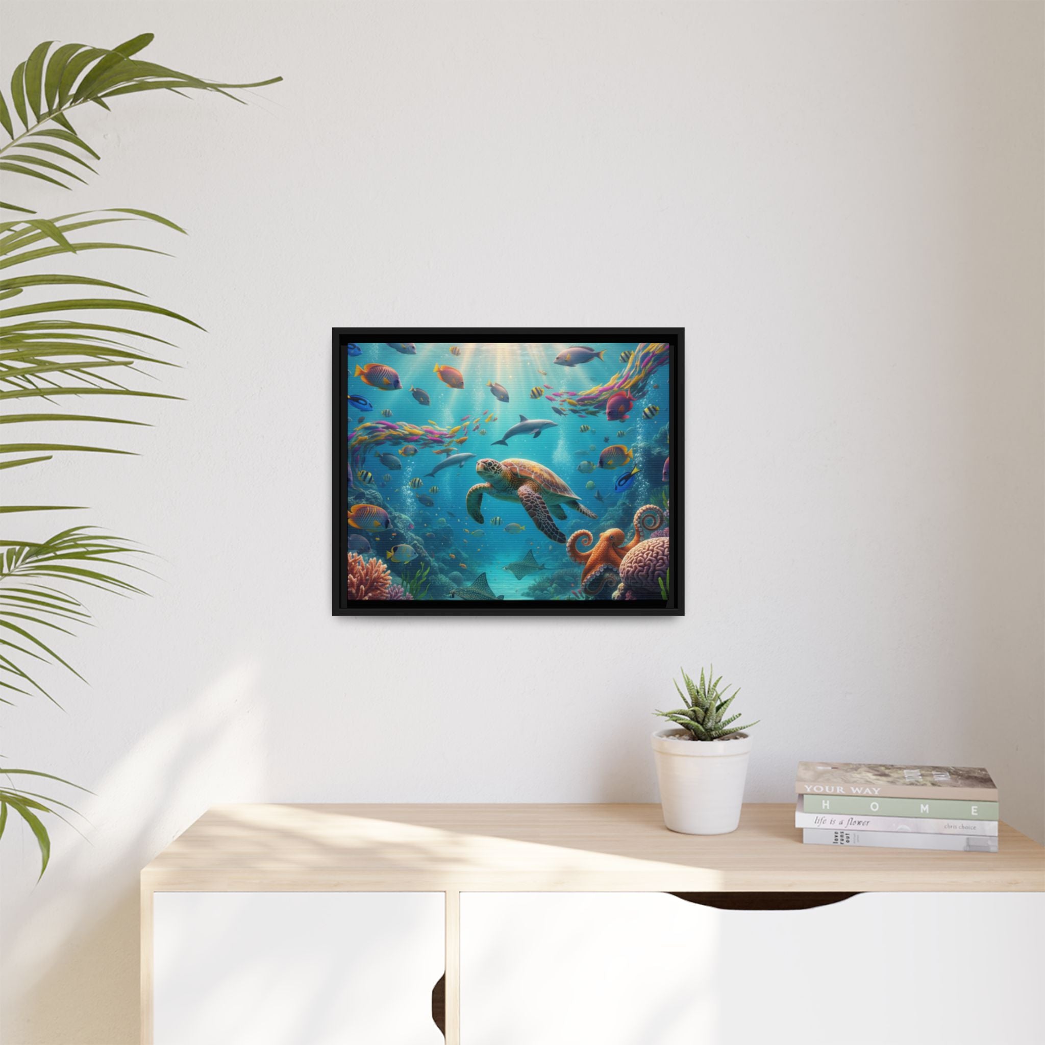 Framed Ocean Life Canvas — Colorful Sea Turtle Wall Art