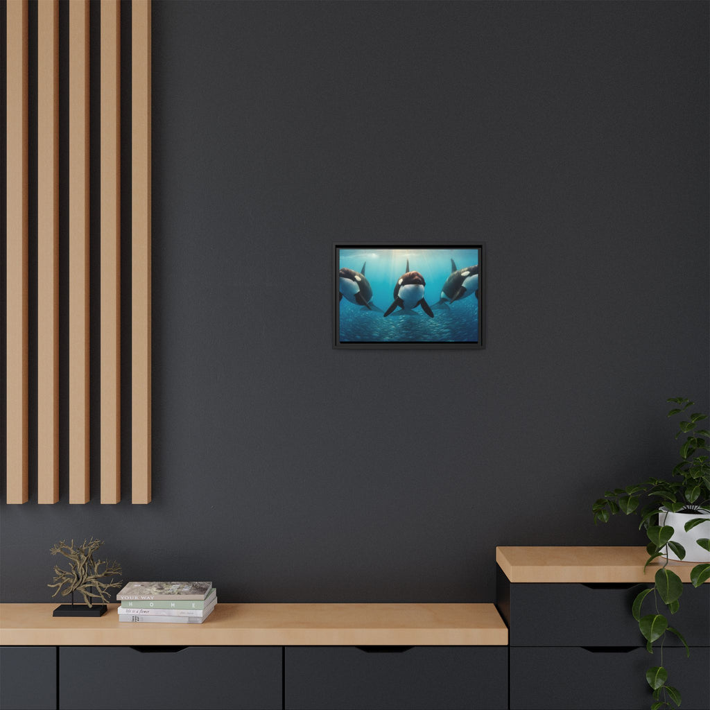 Framed Orca Canvas Print — Underwater Whale Pod Ocean Wall Art