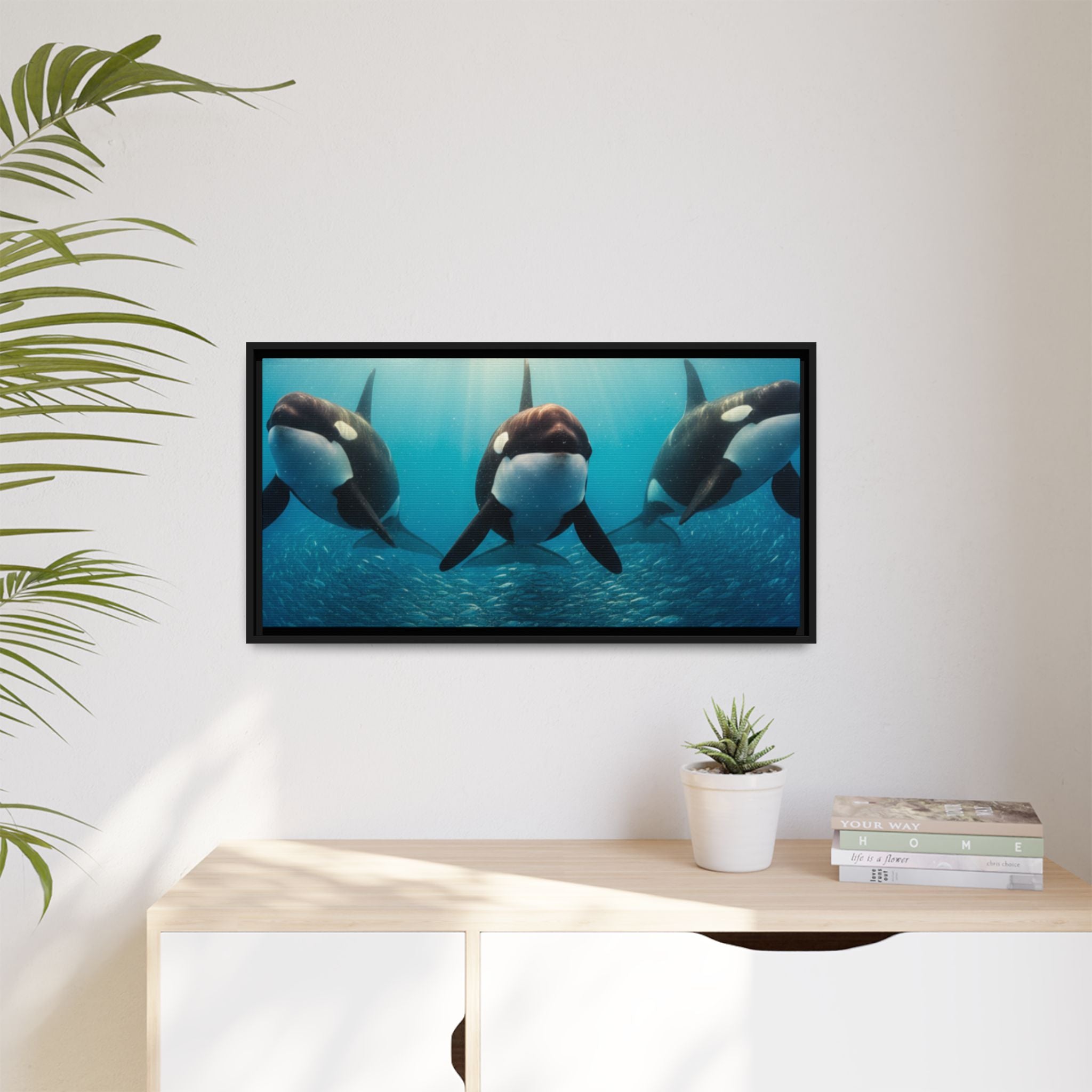 Framed Orca Canvas Print — Underwater Whale Pod Ocean Wall Art
