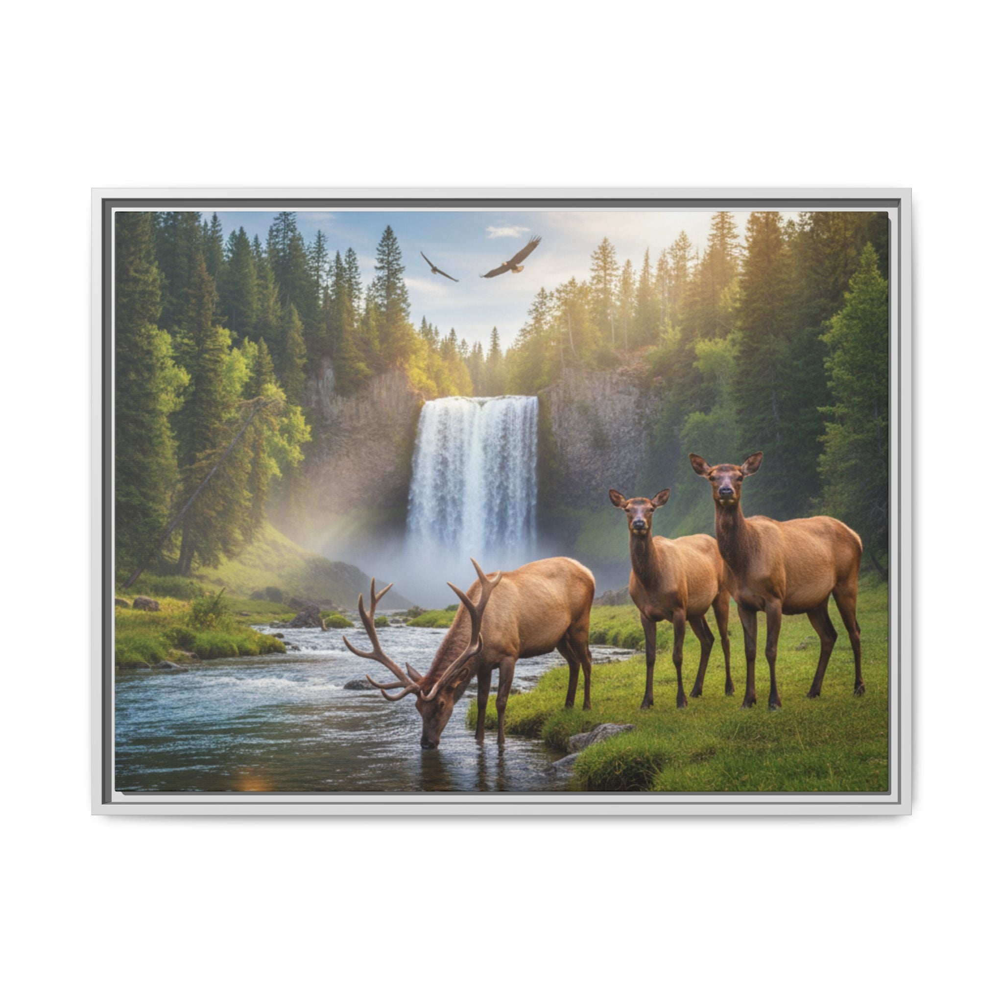Waterfall Elk Forest Landscape Wall Art