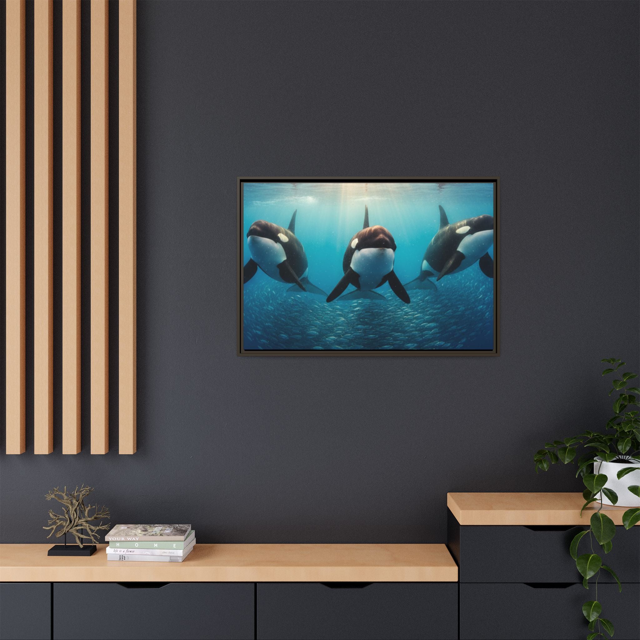 Framed Orca Canvas Print — Underwater Whale Pod Ocean Wall Art