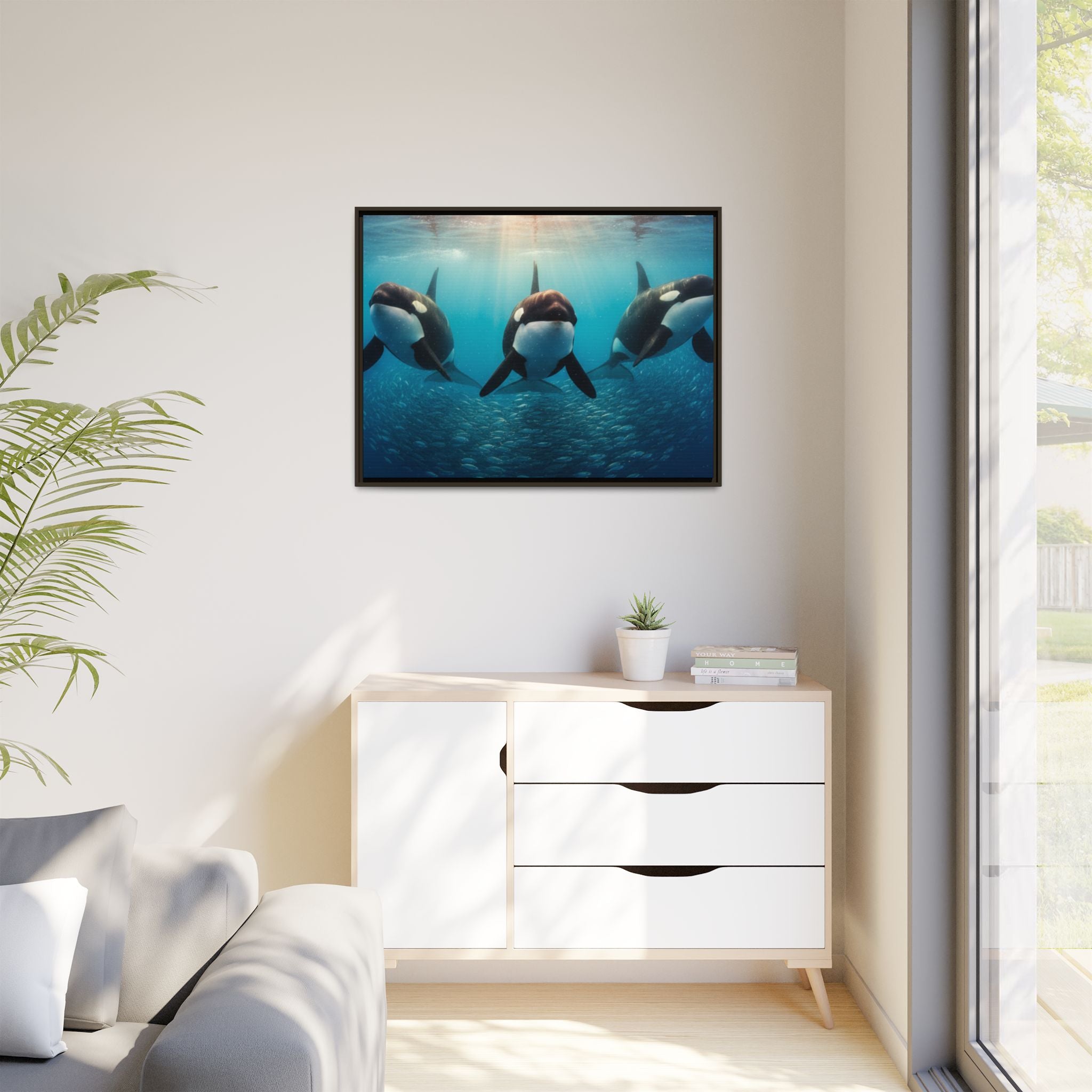Framed Orca Canvas Print — Underwater Whale Pod Ocean Wall Art