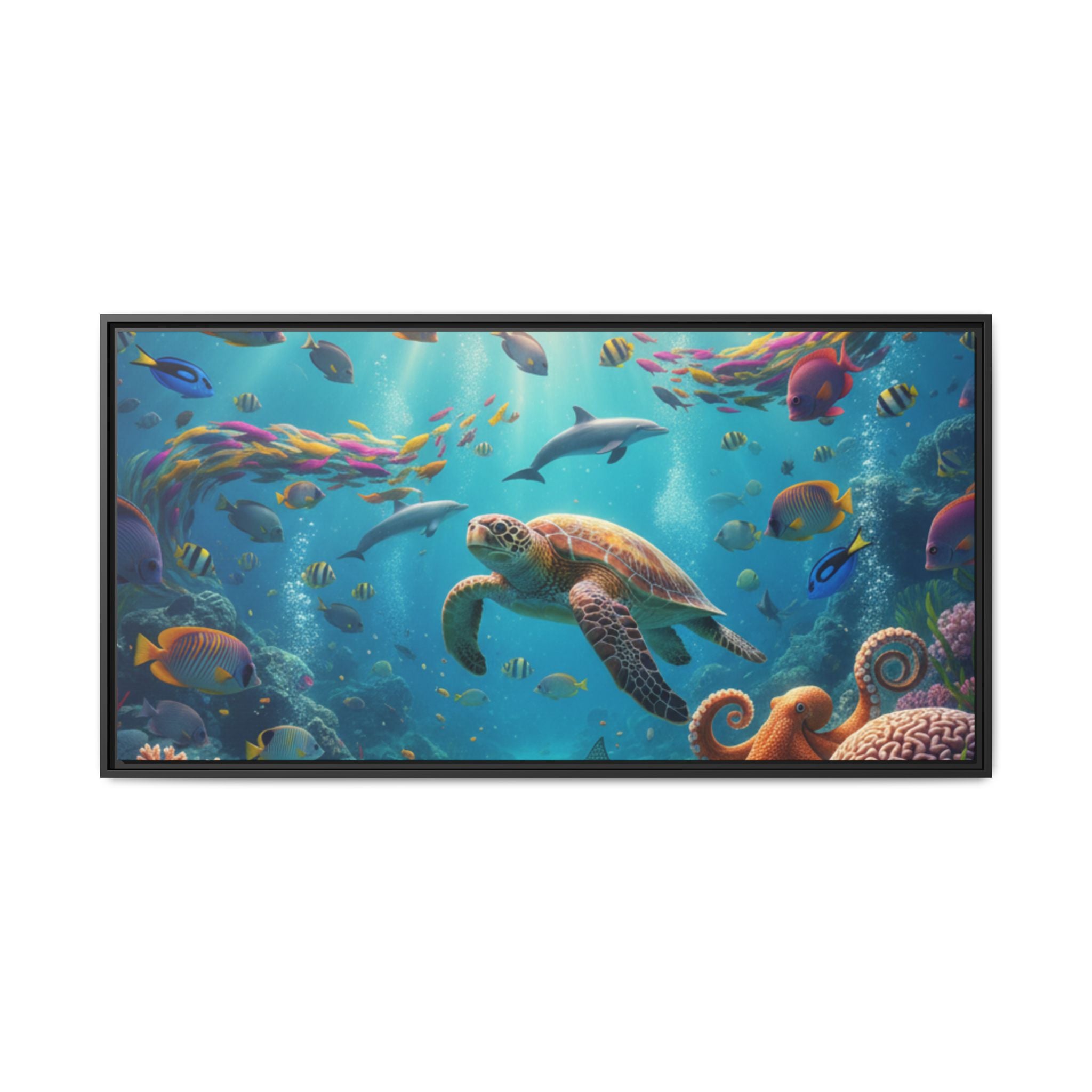 Framed Ocean Life Canvas — Colorful Sea Turtle Wall Art