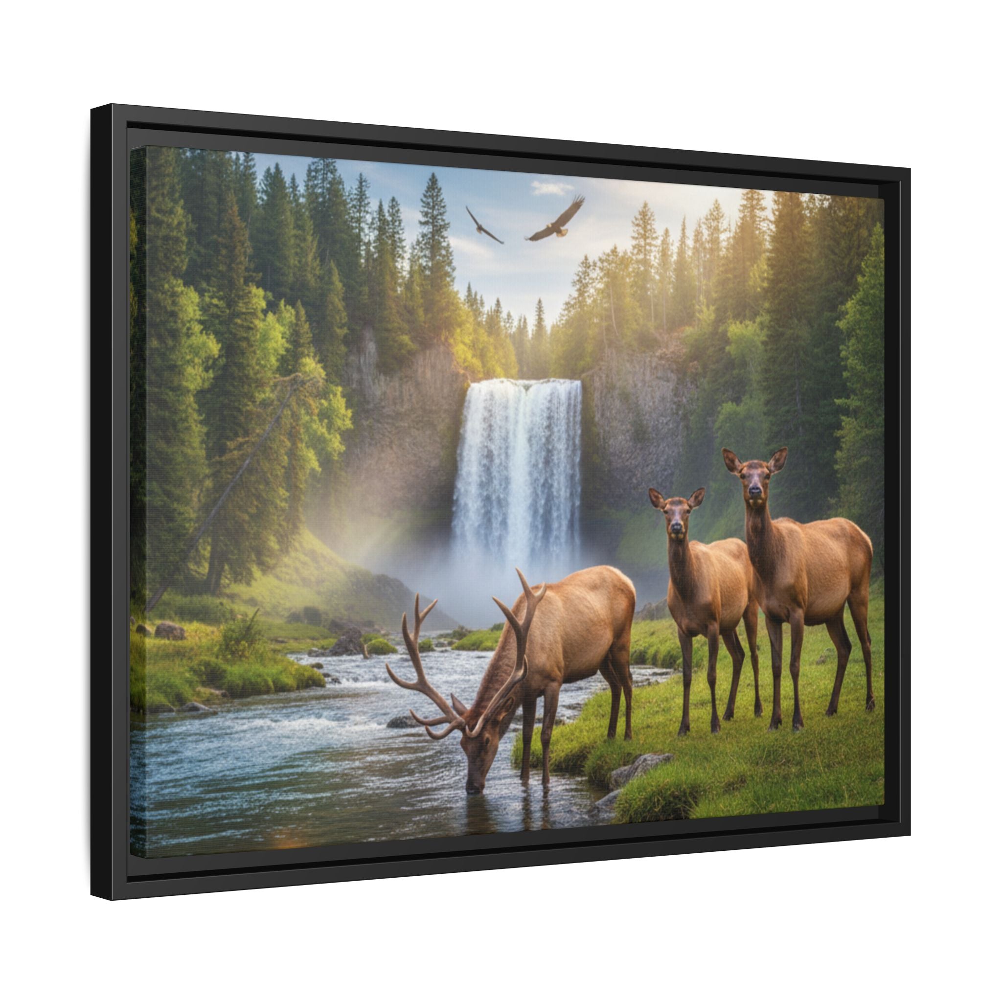 Waterfall Elk Forest Landscape Wall Art