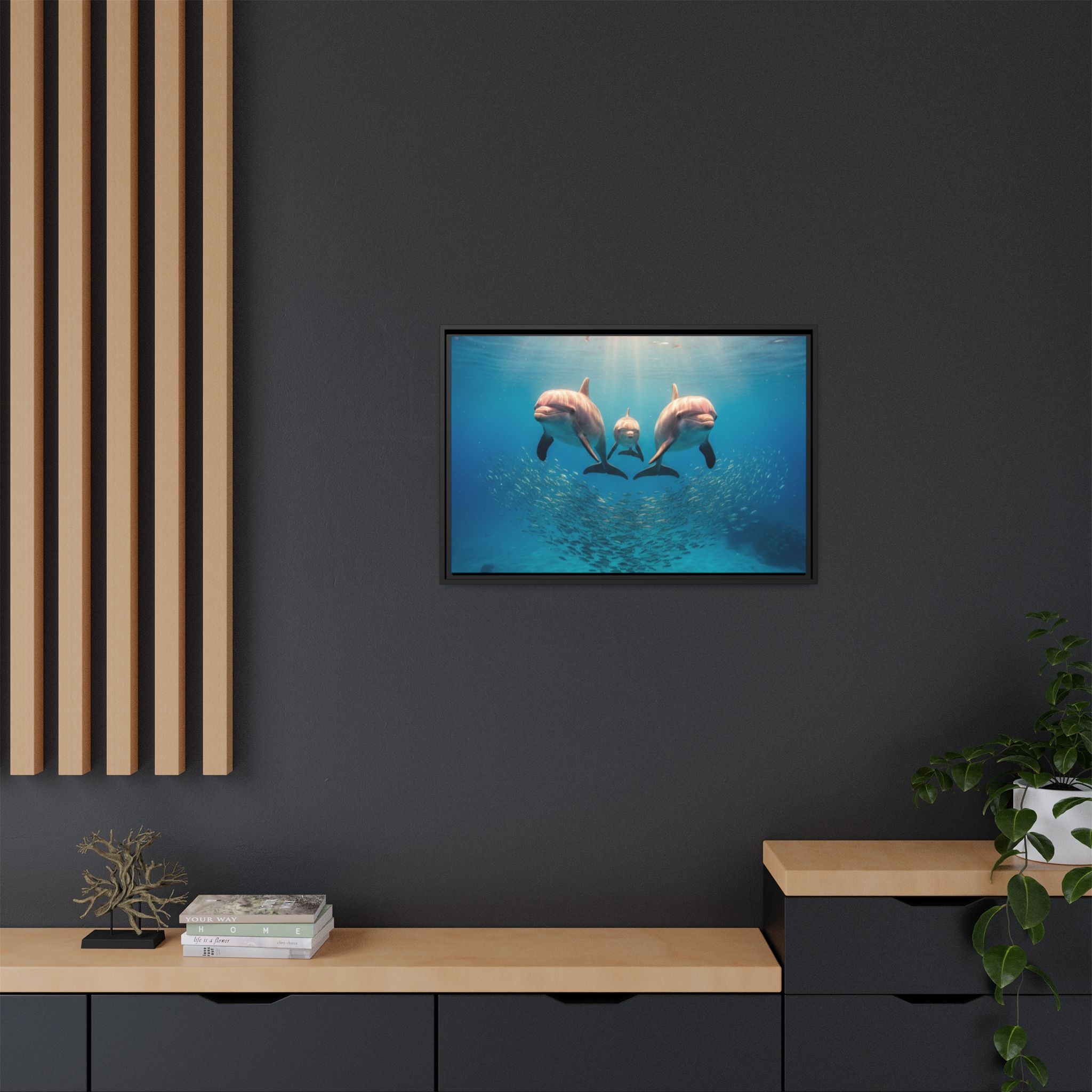 Framed Dolphin Canvas Print — Matte Ocean Wall Art