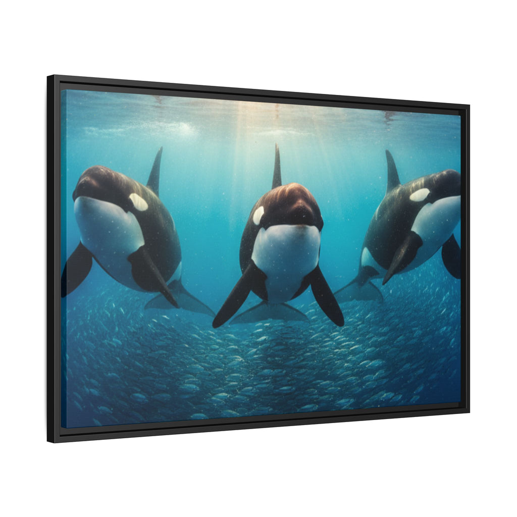 Framed Orca Canvas Print — Underwater Whale Pod Ocean Wall Art