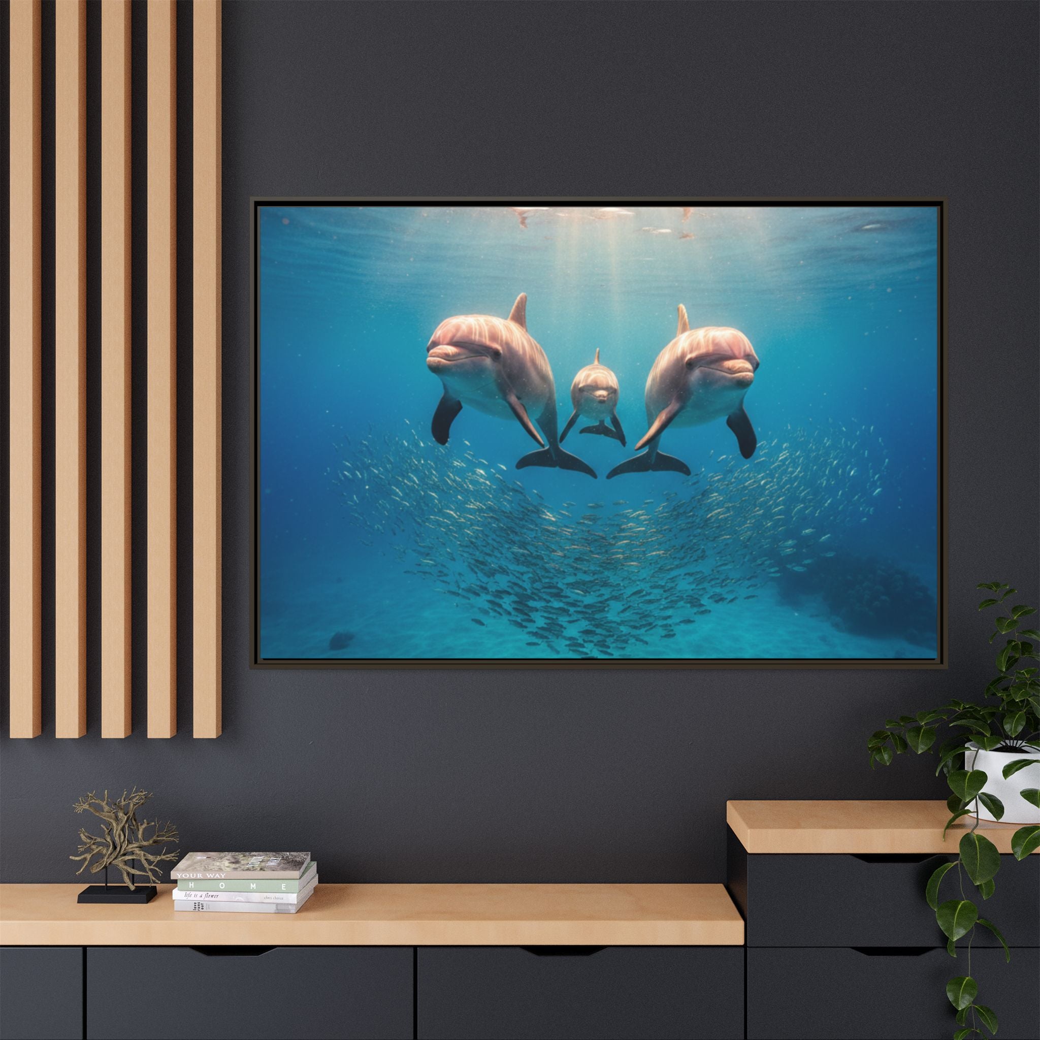 Framed Dolphin Canvas Print — Matte Ocean Wall Art