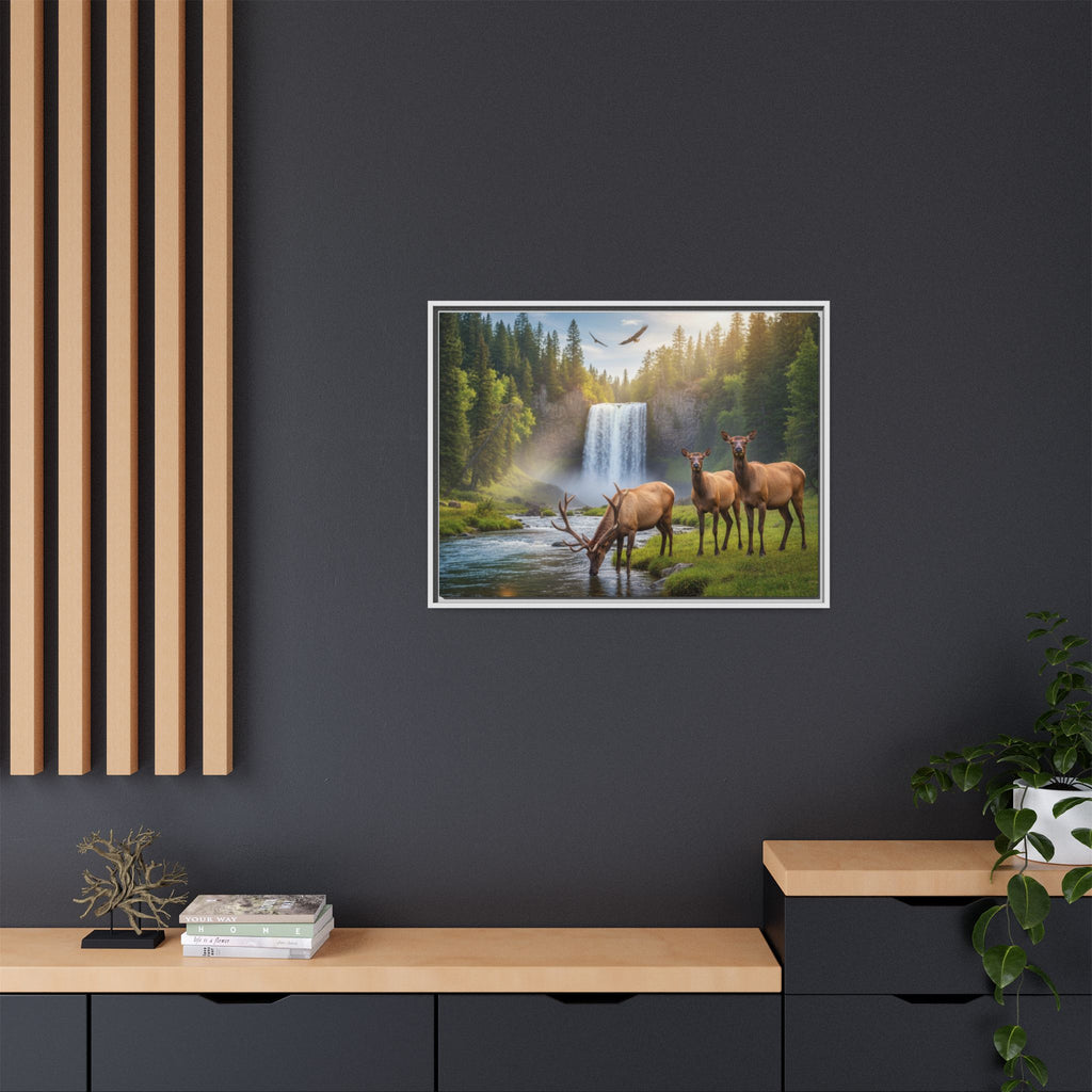 Waterfall Elk Forest Landscape Wall Art