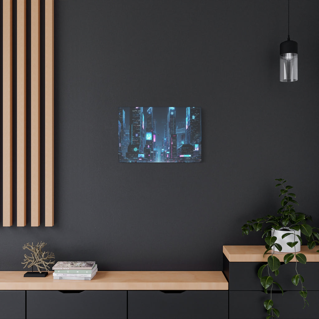 Cyberpunk Crypto Cityscape Canvas Print — Futuristic Neon Skyline Wall Art