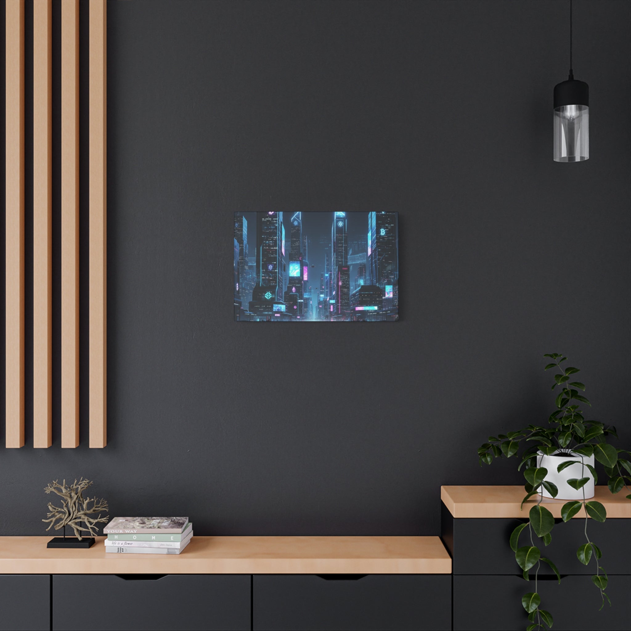 Cyberpunk Crypto Cityscape Canvas Print — Futuristic Neon Skyline Wall Art