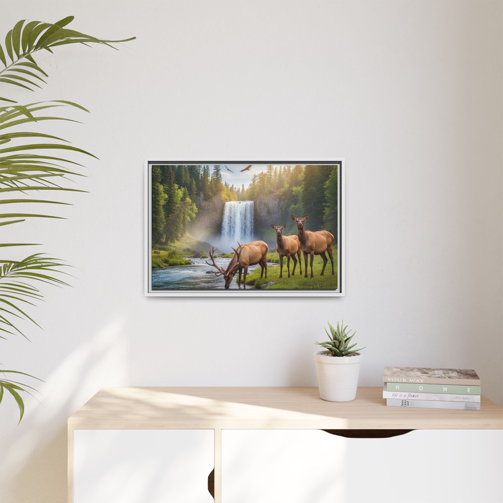 Waterfall Elk Forest Landscape Wall Art
