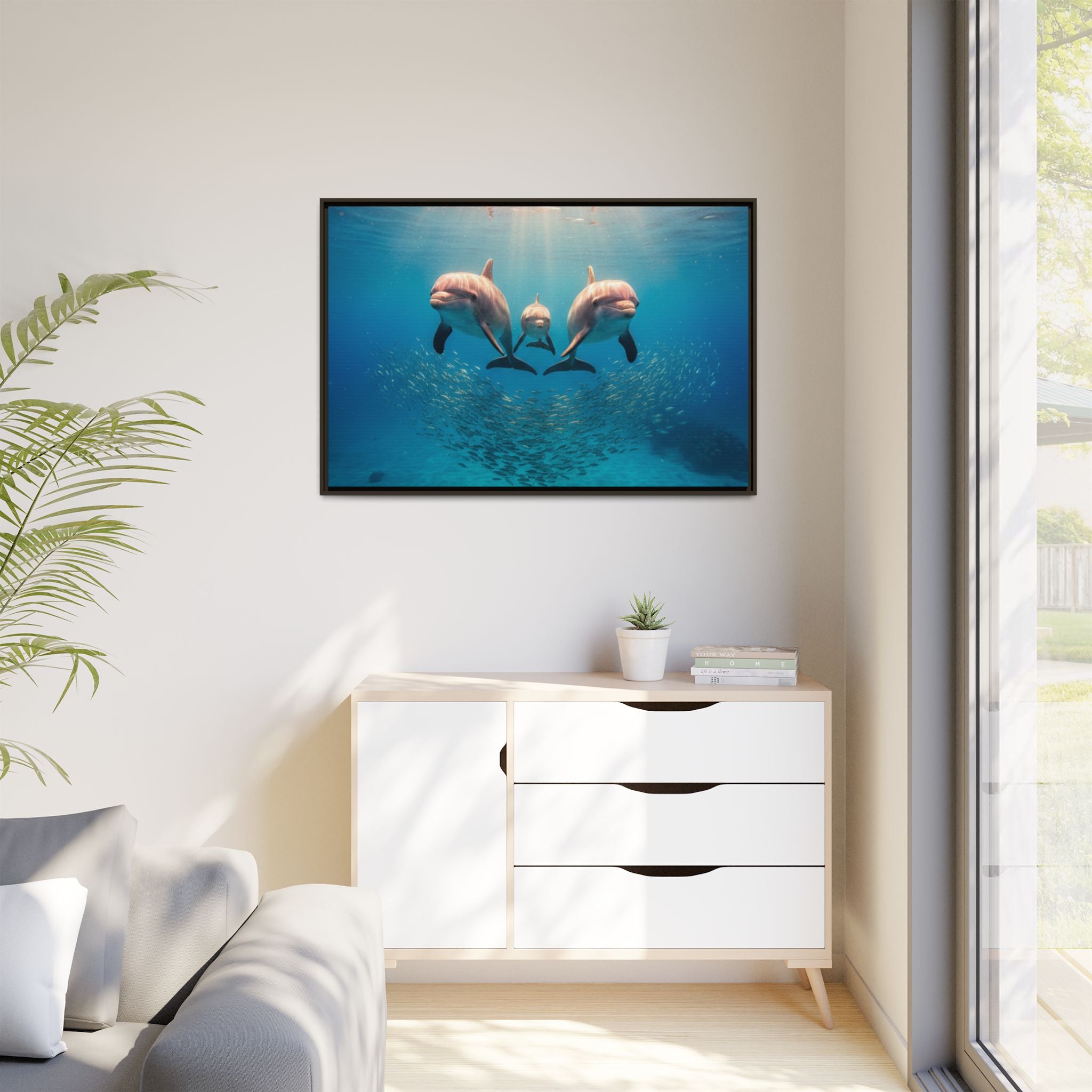 Framed Dolphin Canvas Print — Matte Ocean Wall Art