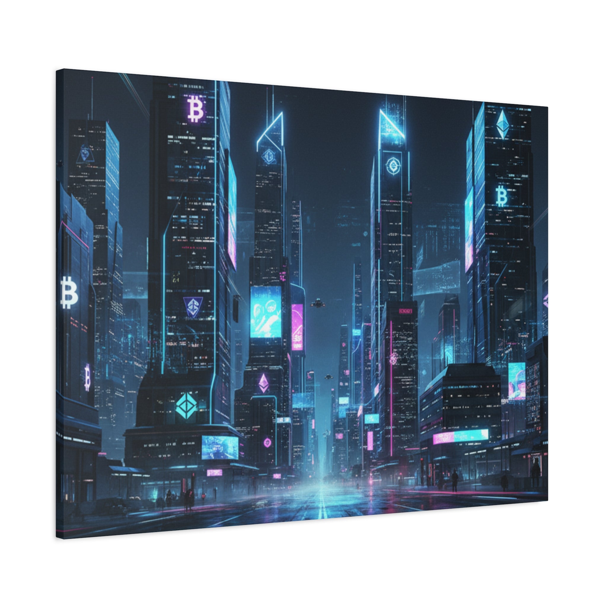 Cyberpunk Crypto Cityscape Canvas Print — Futuristic Neon Skyline Wall Art