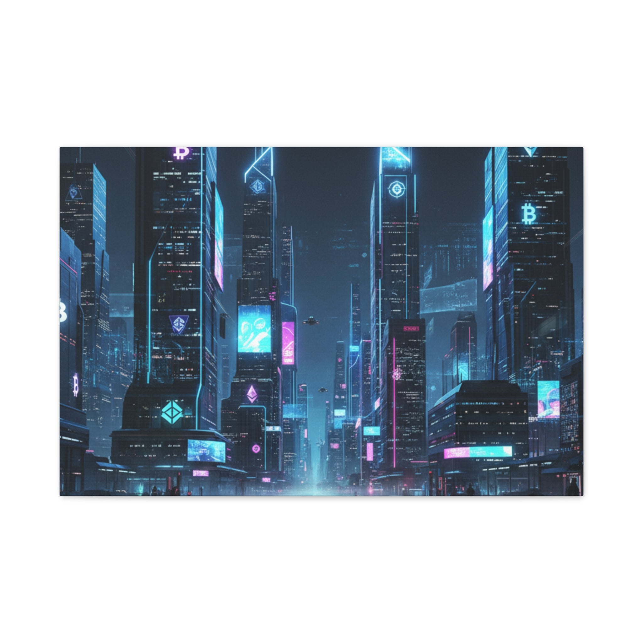 Cyberpunk Crypto Cityscape Canvas Print — Futuristic Neon Skyline Wall Art