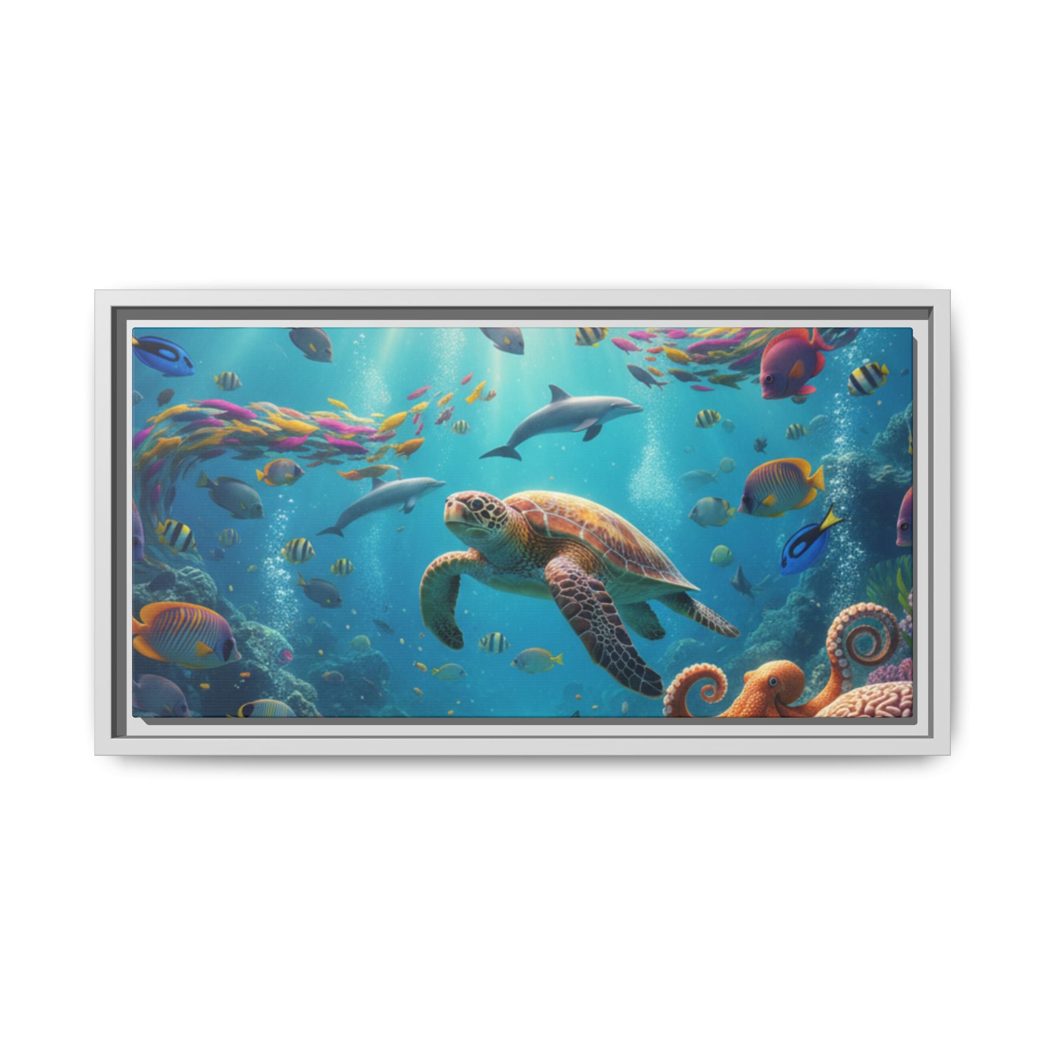 Framed Ocean Life Canvas — Colorful Sea Turtle Wall Art